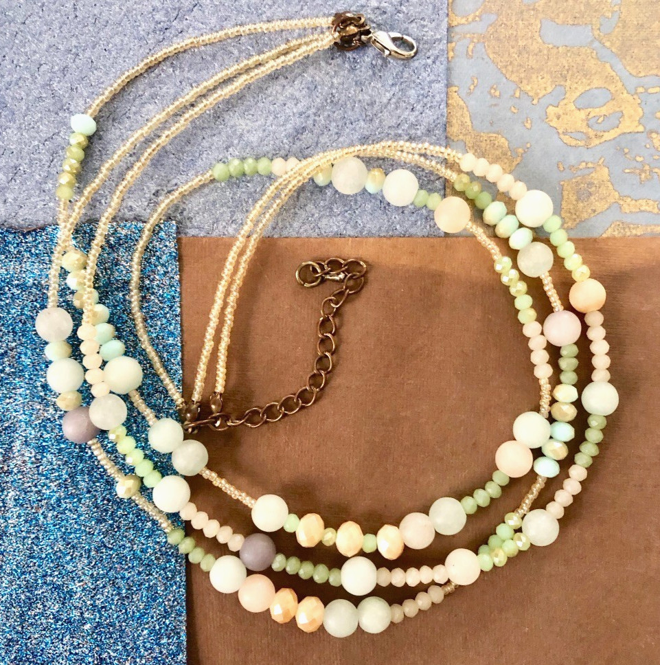 VTG 3 Strand Pastel SATIN GLASS BEAD NECKLACE 18″ Multi Color Faceted Adjust