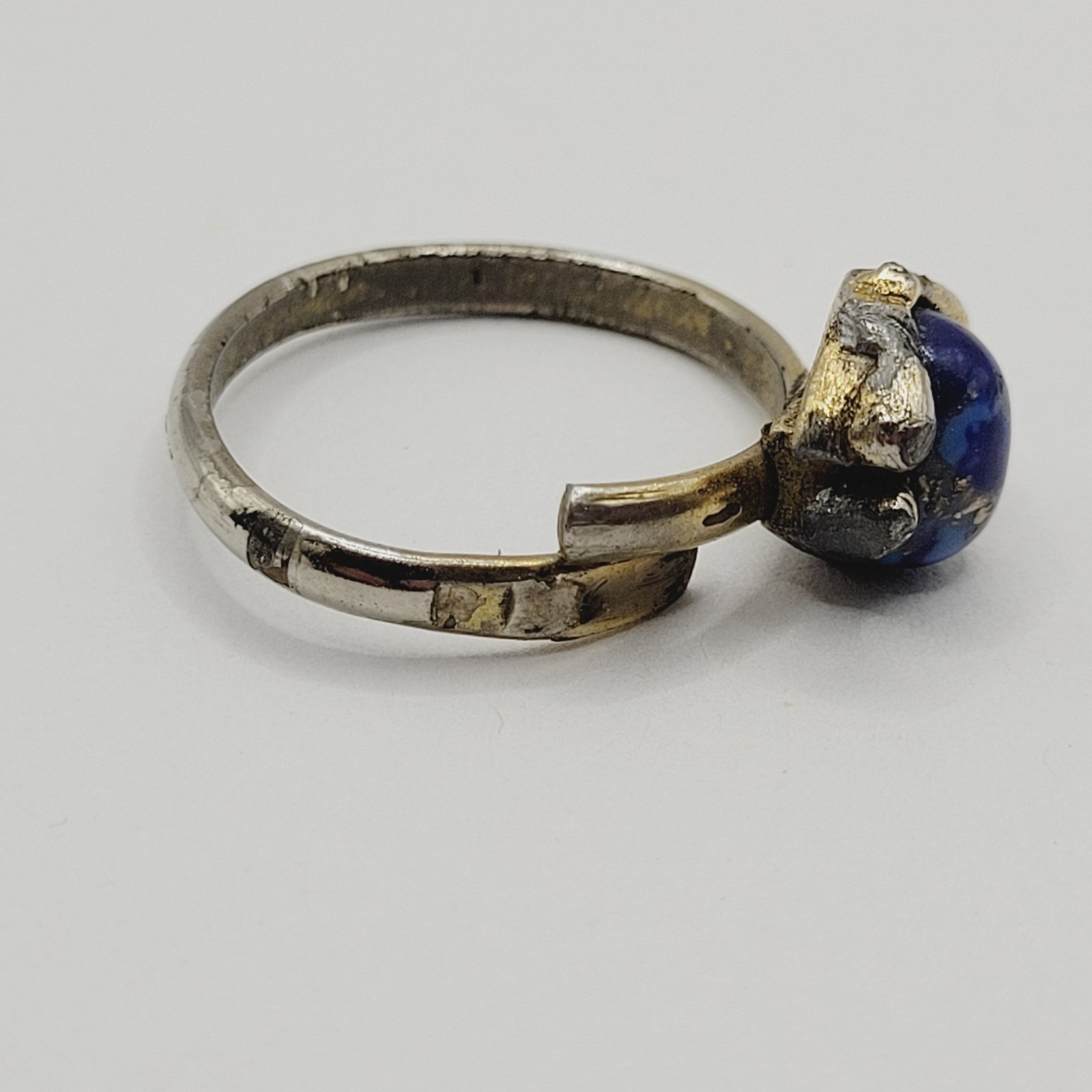 Antique Lapis Lazuli Small Domed Stone w Specks Ring Adjustable Worn Distressed