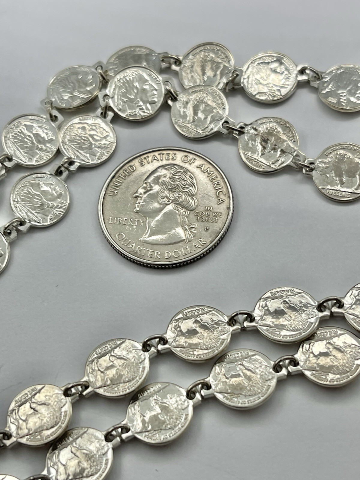 Vintage Southwest Miniature Buffalo Nickel Silvertone Necklace 38”