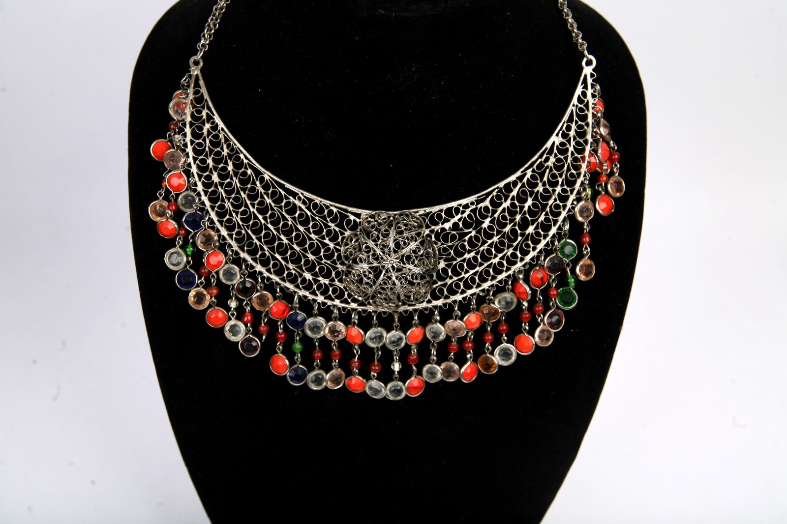 Vintage Bib Collar Choker Necklace Beaded Fringe Artisan Hand Made Mesh Filigree