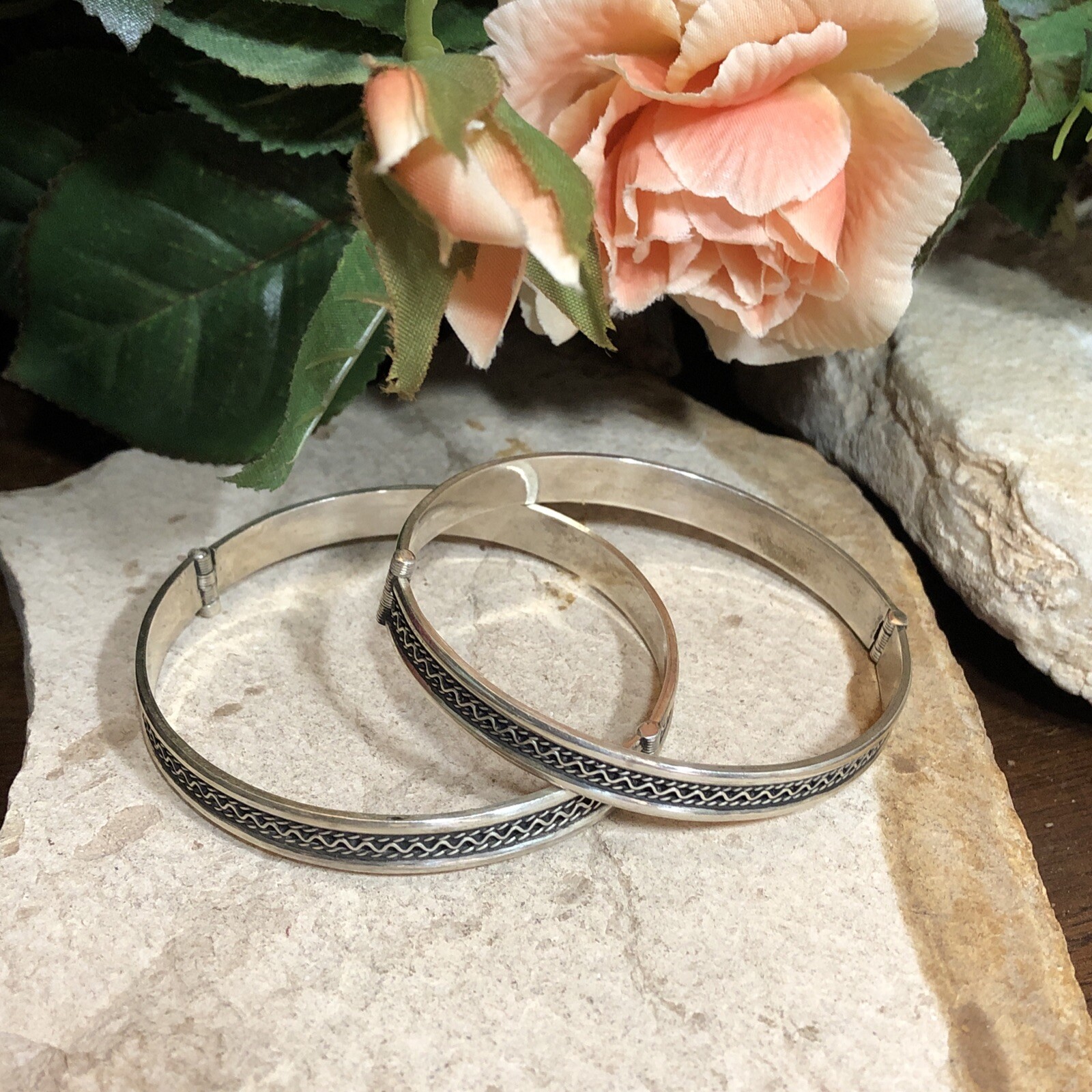 20. Vintage 925 Sterling Patterned Stick Pin Lock Bangle TWO Bracelets 7″-7 1 4″
