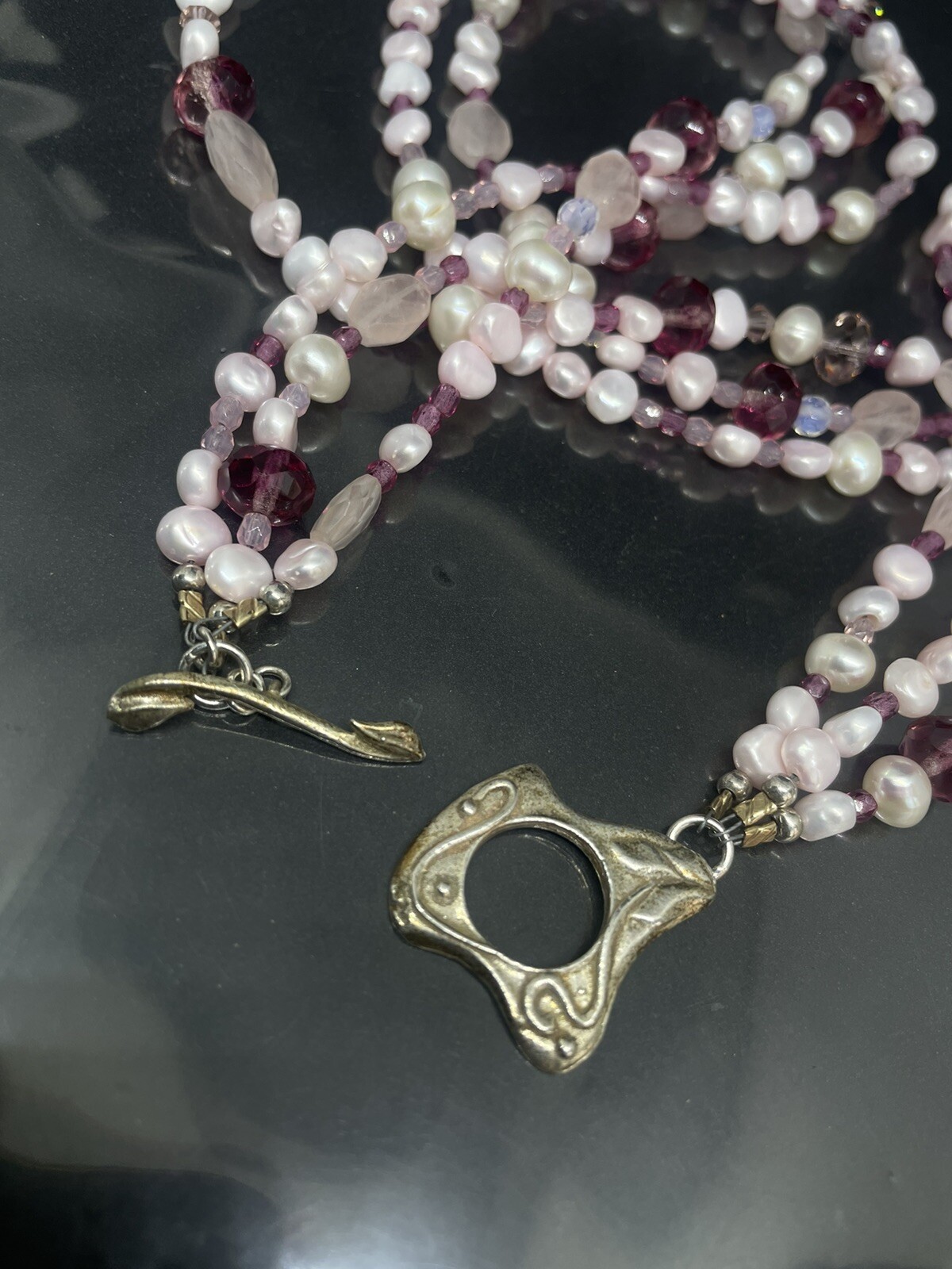 Vintage Sterling Toggle White Pearls Pink Purple Lucite Beads 3 Strands Necklace