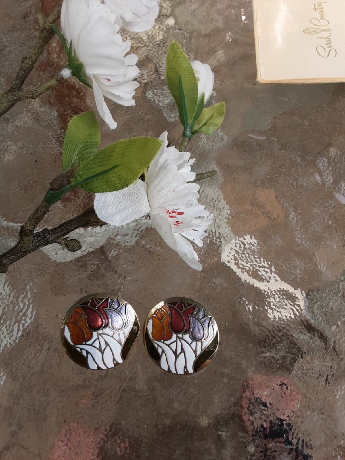 Earring Goldtone Orange Red Green Purple White Cloisonne Tulips Flower Pierce