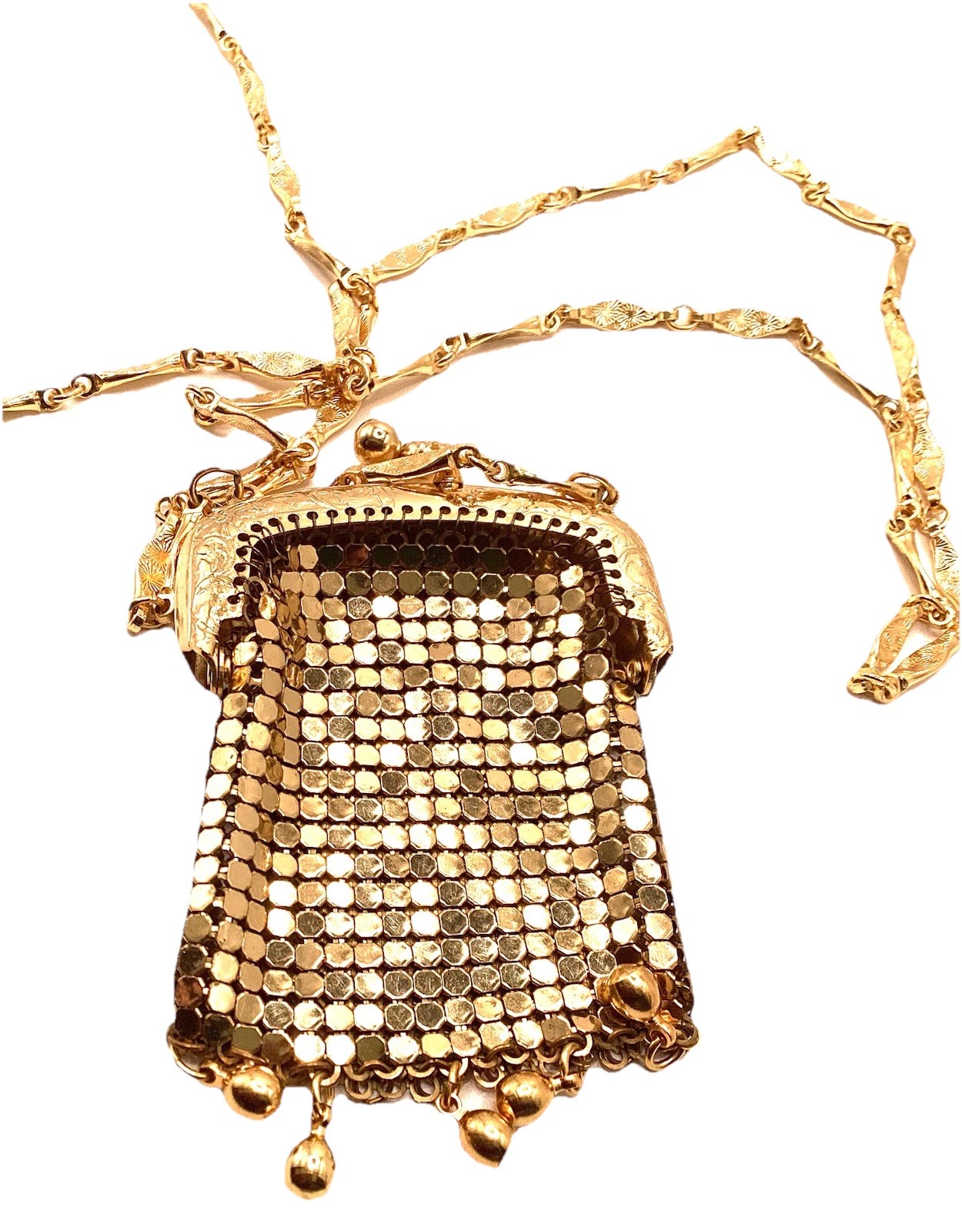 Vintage Gold Tone Mesh Chatelaine Purse Necklace Whiting Davis Pursette 1960s
