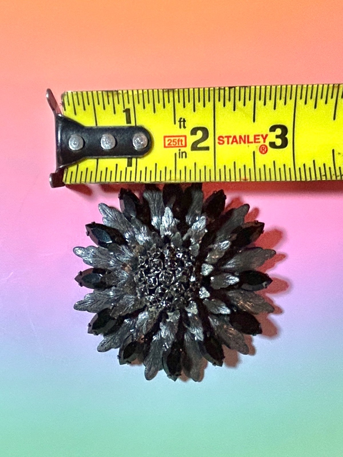 Vintage La Roco Large Rhinestone Flower Brooch Gunmetal Gray & Black 2.75”