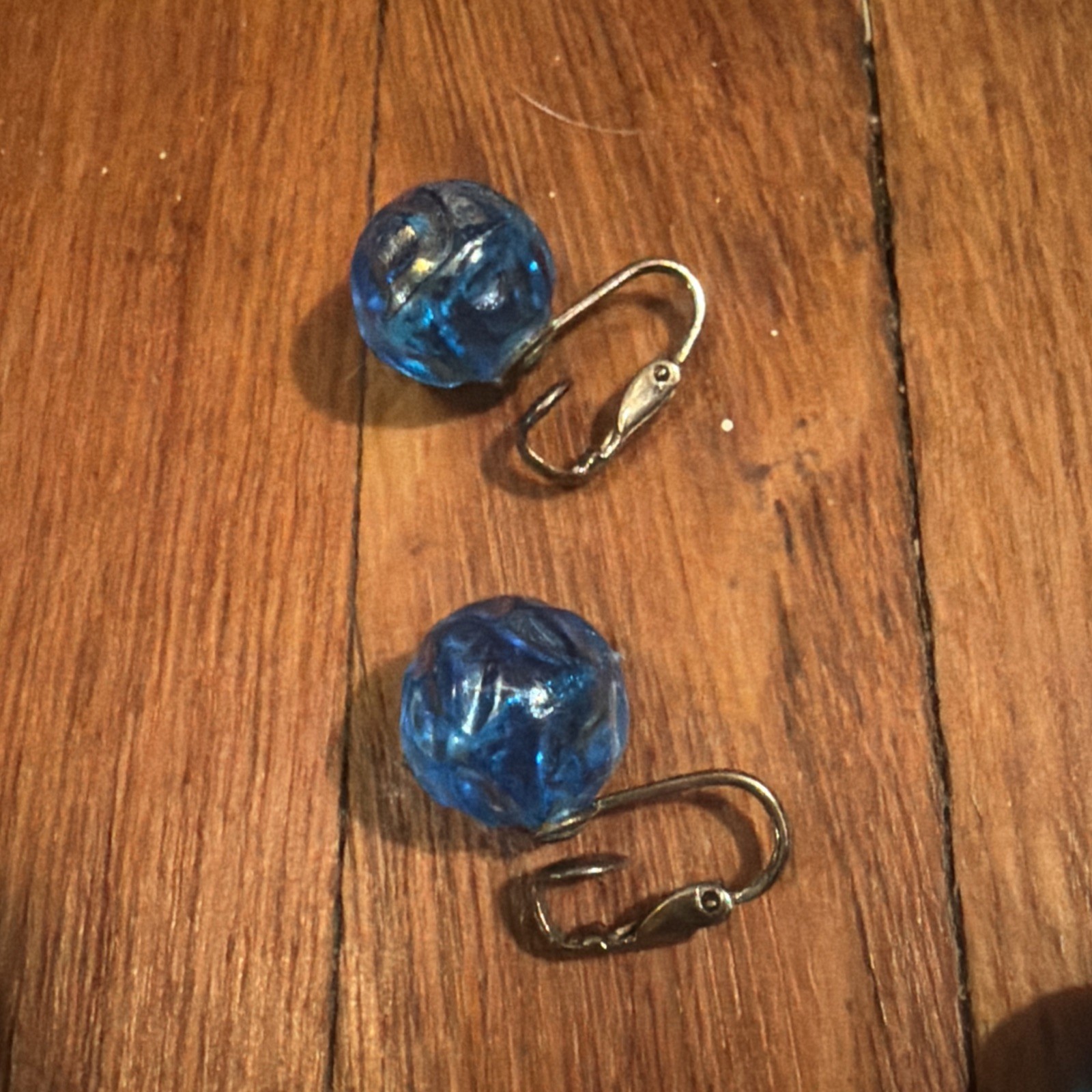 Antique Art Deco Blue Moulded Crackle Bead Satoir Necklace earrings Set Vintage
