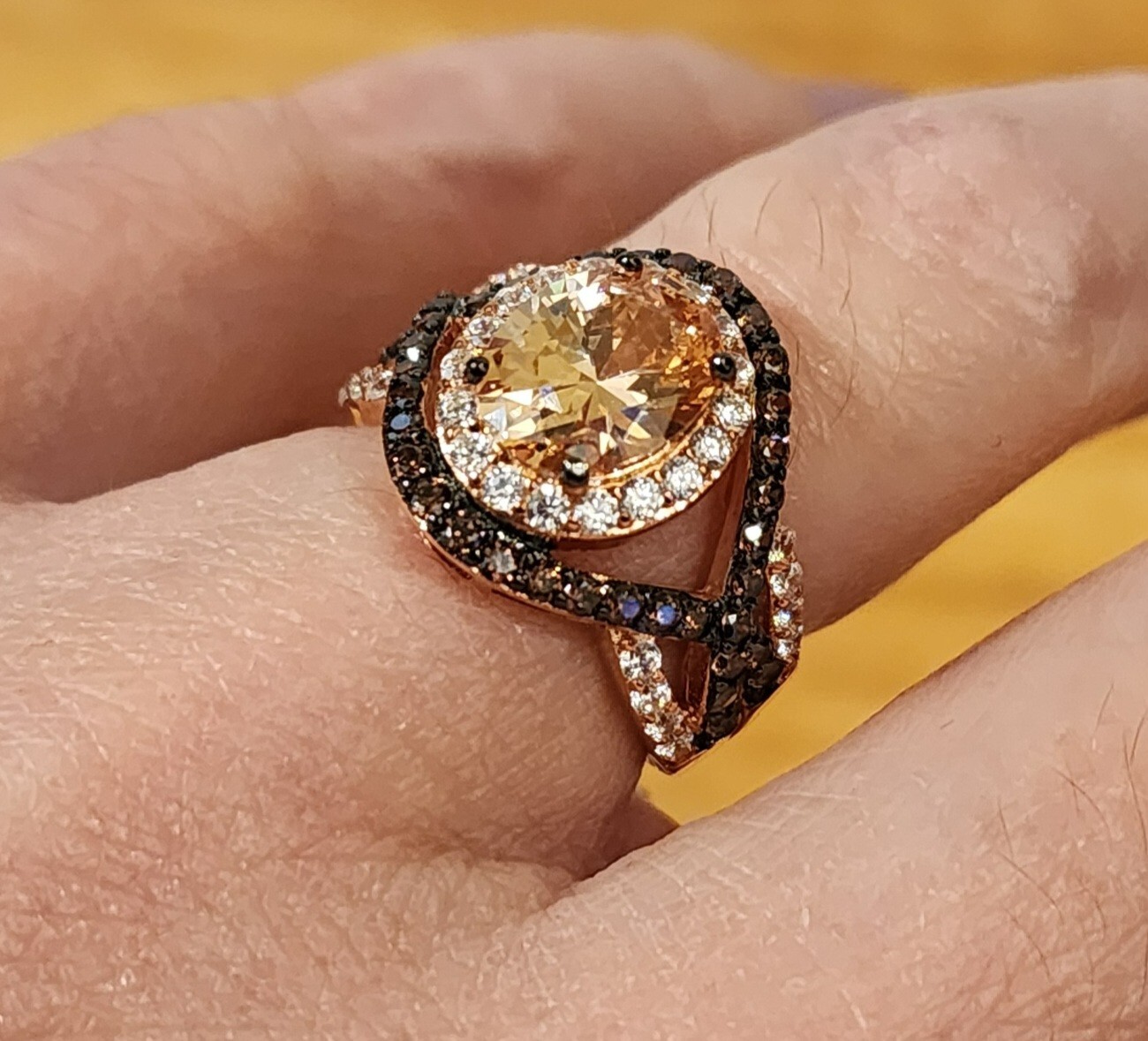 Champagne Brown & White Cubic Zirconia 18k Rose Gold, Sterling Silver Ring, Sz 5