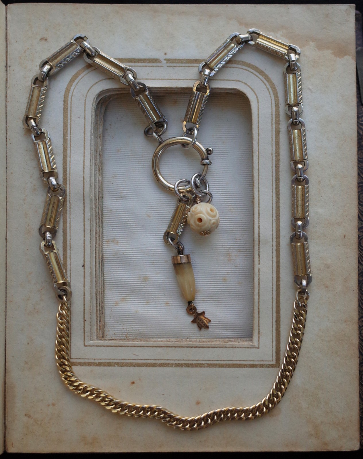 Antique Tooth Fob & Carved Bead Necklace 2 Tone Silver Gold Bar Link Watch Chain