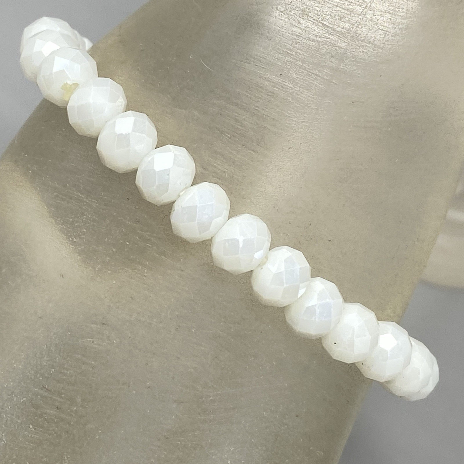 White Glass Beaded Bracelet Faceted Fire Polished Simple Stretch Elastic 6.5″
