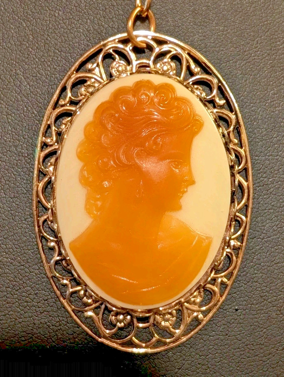 Vintage Gold Tone Cameo Pendant Orange Cream Resin Lady Profile Filigree