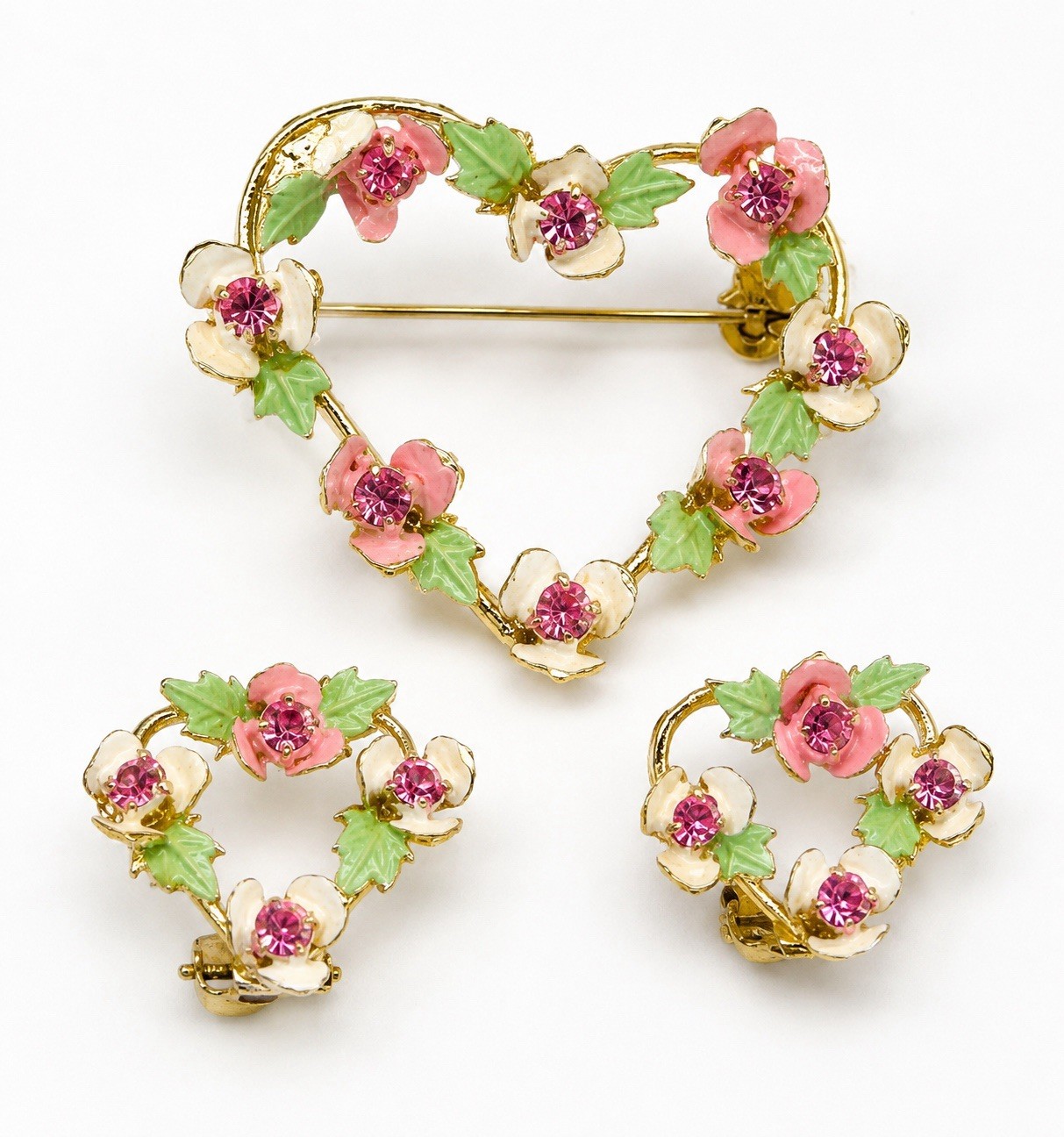 Vintage Enamel Pink White Floral Heart Brooch & Clip On Earrings Rhinestone Set