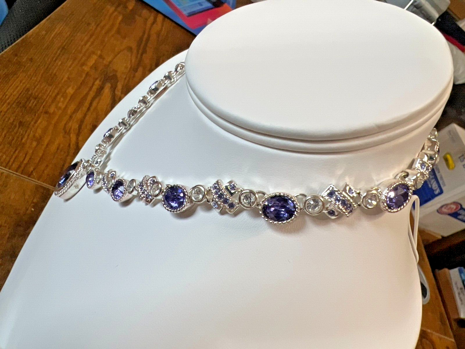 VTG Monet 15-17″ Statement Necklace Lavender & Clear Rhinestones, Velvet Case VG