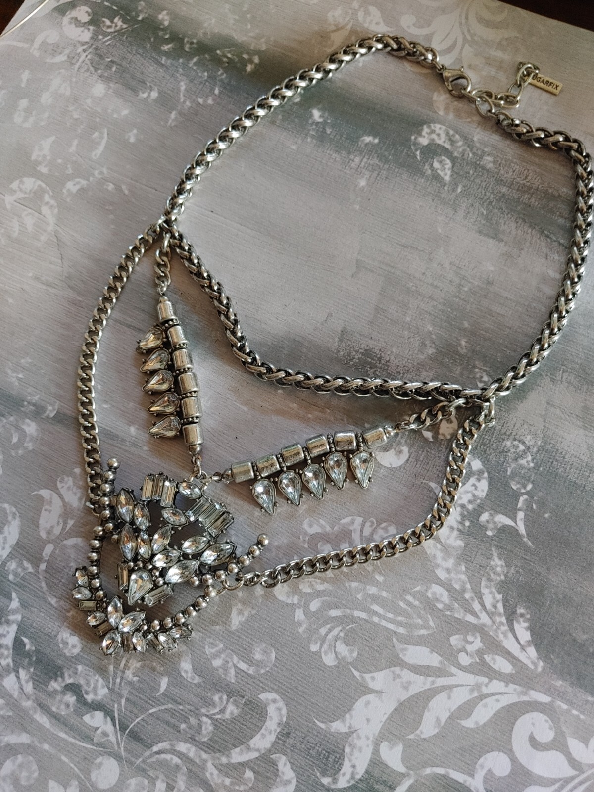 Vintage necklace silver metal chain acrylic rhinestone bib signed Sugarfix