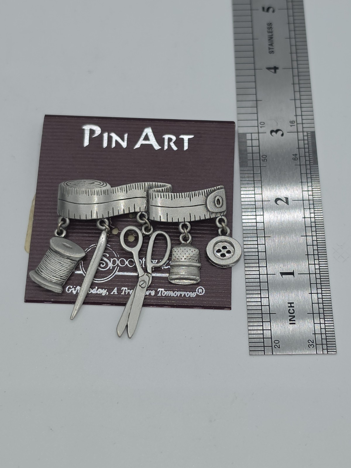 Vintage JJ Jonette Jewelry Sewing Charm Brooch Pin Art Pewter Tape Measure 2″