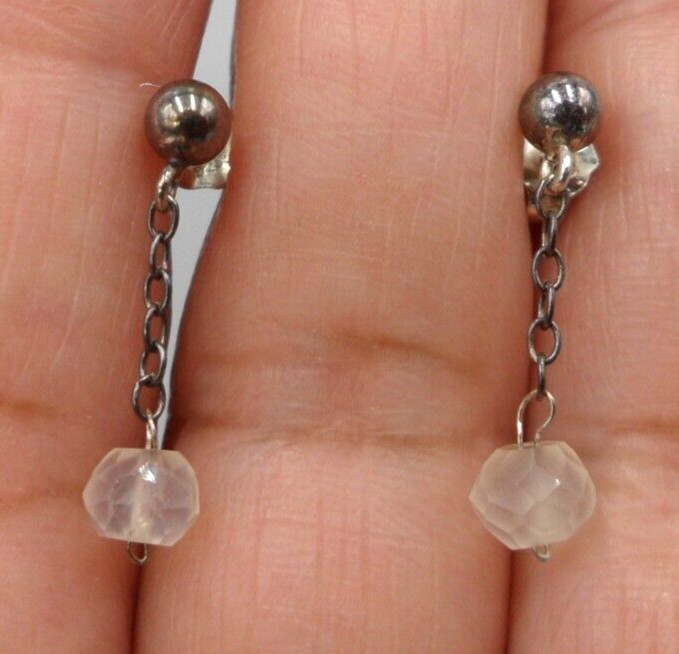 Dainty Chain Dangle Earrings 925 Silver Frosted Glass Bead 1.75″ Drop Minimalist