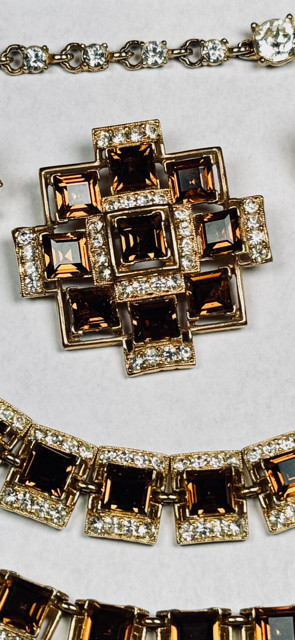 Bogoff “Tawny Topaz” Swarovski Emerald Cut Gold Plate Parure