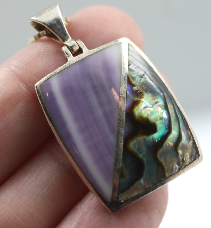Purple stone & abalone shell pendant 925 Sterling Silver chain 20” Necklace