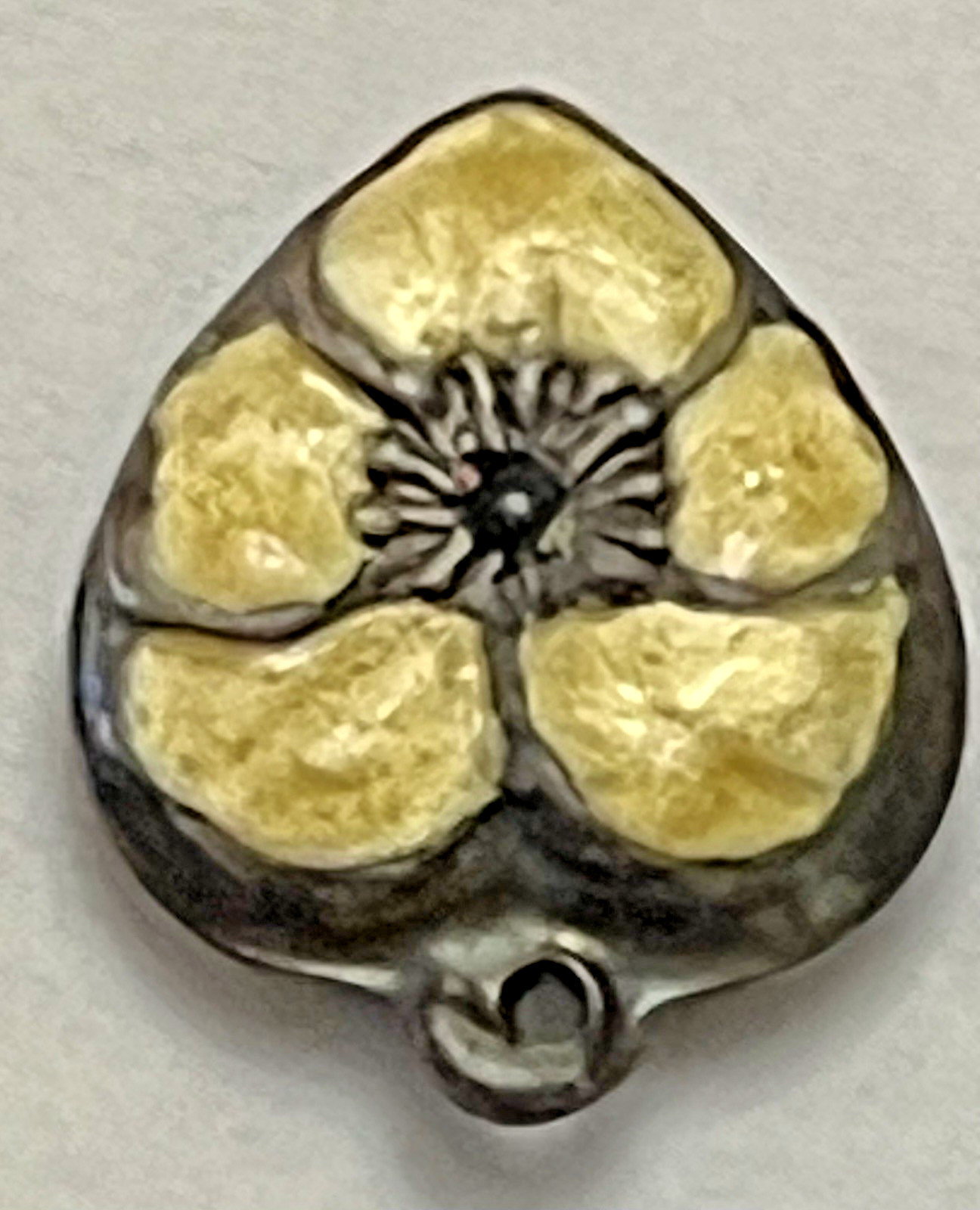Sterling Silver Heart Flower Charm Puffy Enamel Pansy 925 Vintage Stamped Yellow
