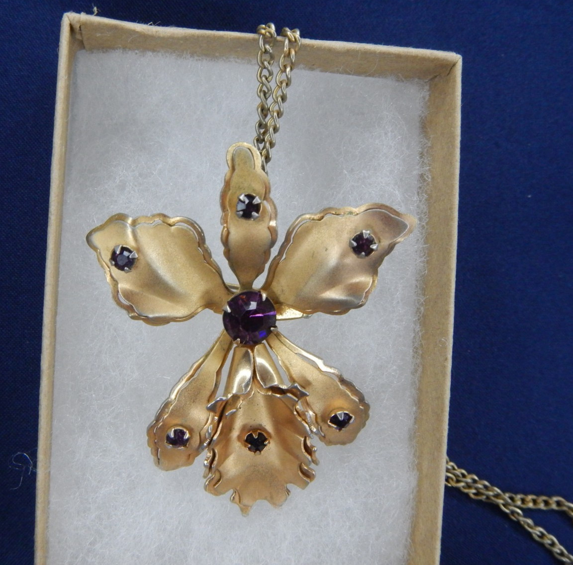 Bugbee and Niles Gold Tone and Purple Rhinestones Orchid Brooch Necklace