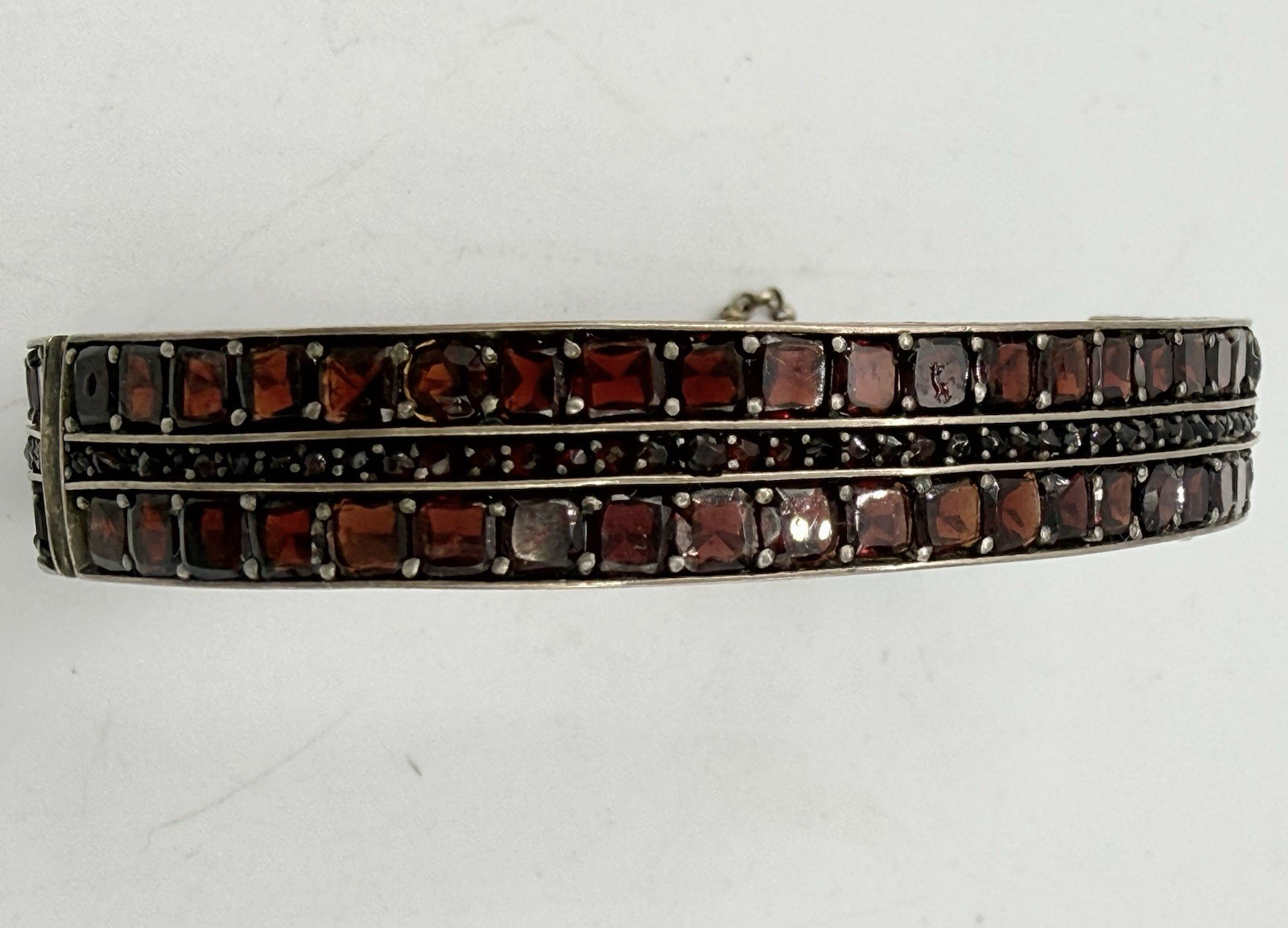 Antique Victorian Bohemian 3 Row Garnet Bangle Bracelet Silvertone