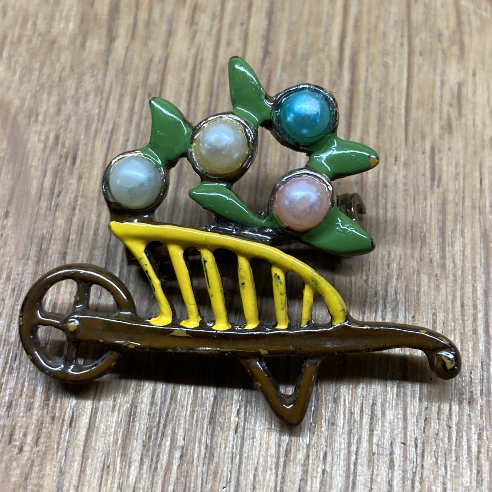 Wheelbarrow And Flowers Brooch Pin Faux Pearl Metal Enamel Mid Century Modern