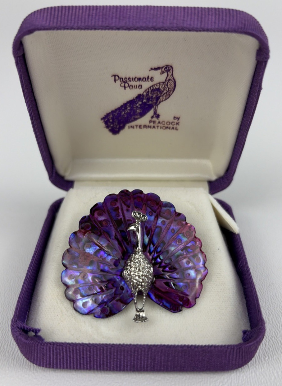 Vintage Purple Carved Paua Abalone Shell Peacock Pin Brooch Silver Tone Bird BOX