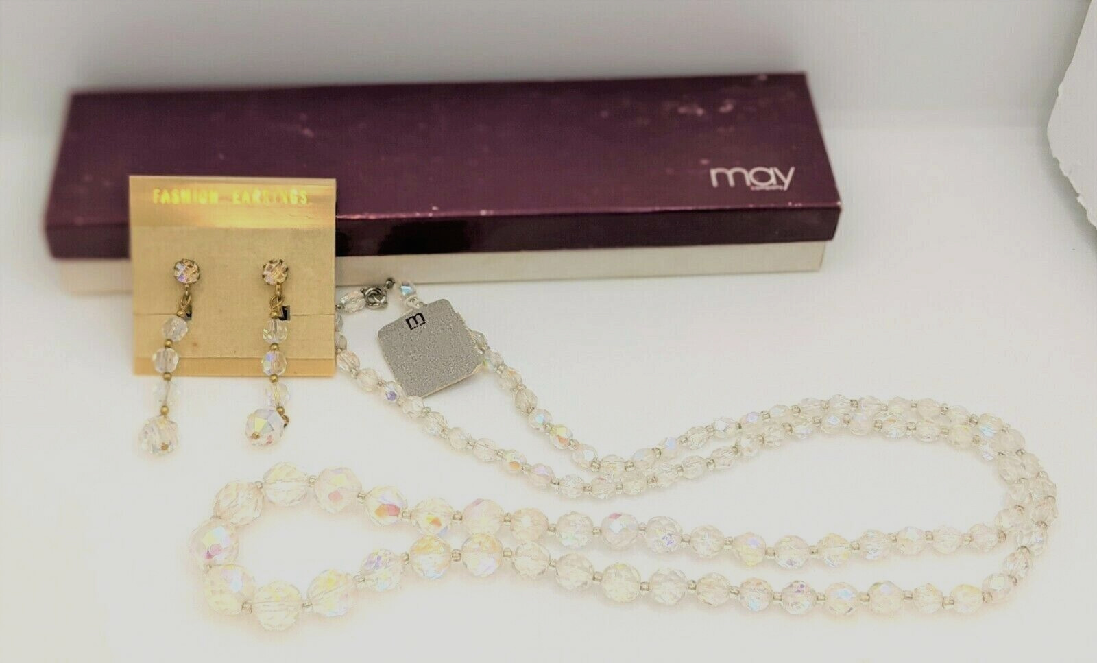 Vintage Necklace & Earrings May Co Original Tags AB Beads Original Box & Tags