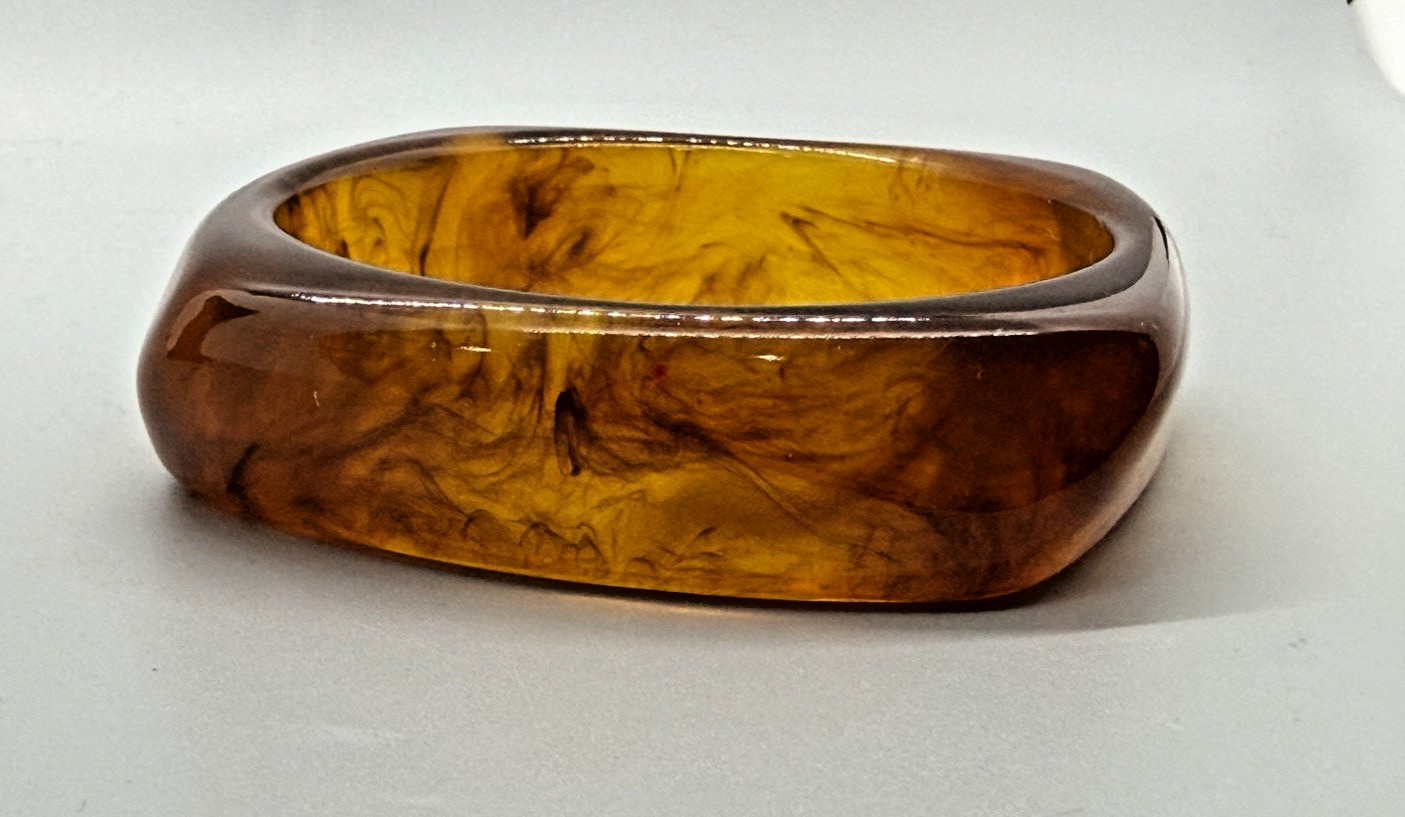 Vintage Brown Lucite Statement Bangle Bracelet Marbled Square Modern Sz 8.25