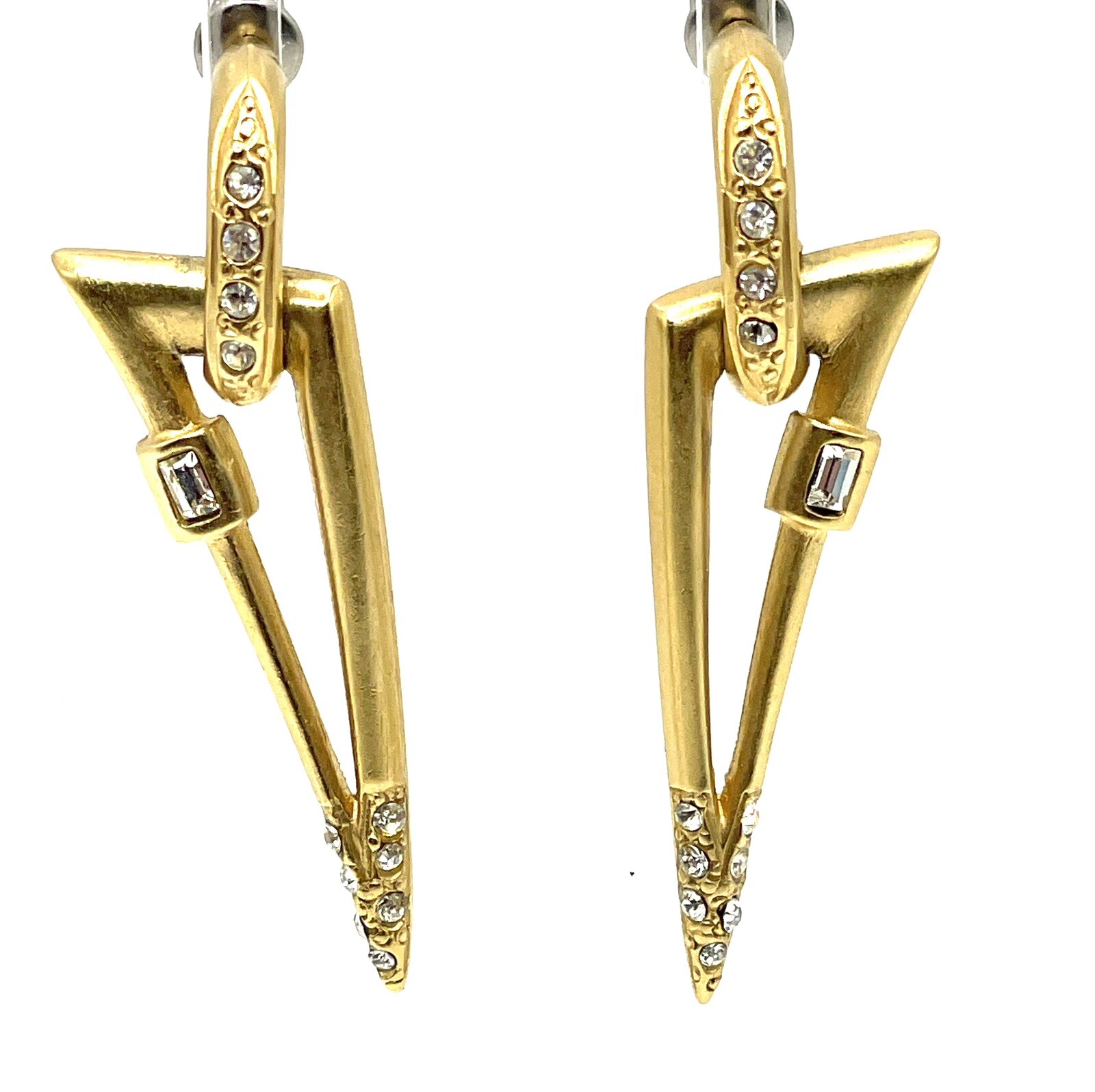 Vintage Jackie Collins Brushed Gold Rhinestone Geometric Drop Dangle Earrings 2”