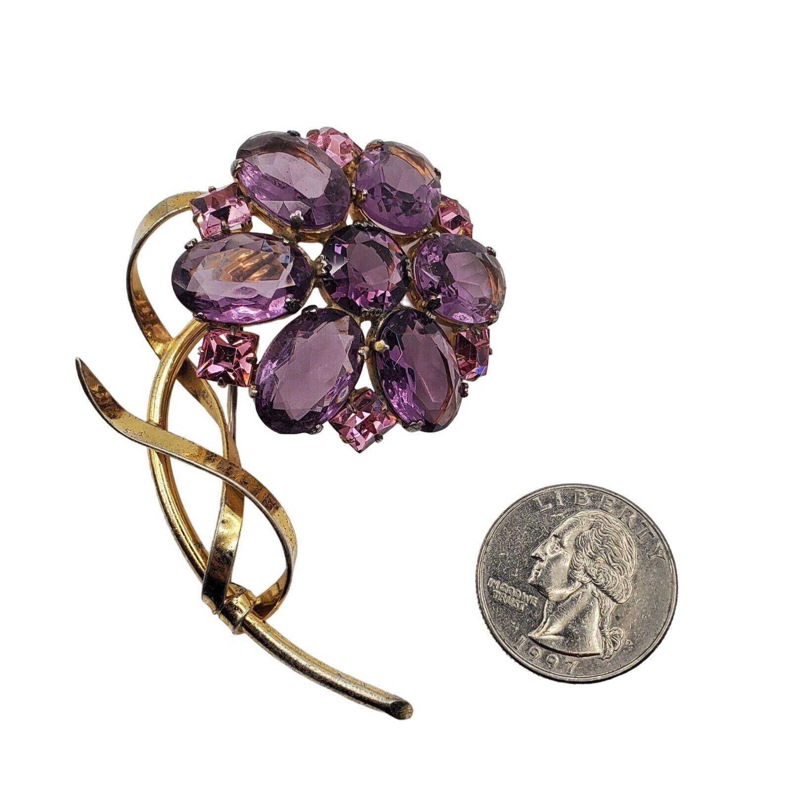 Flower Brooch Gold Vermeil Sterling Silver Pin Purple Glass Pink Rhinestone 40s