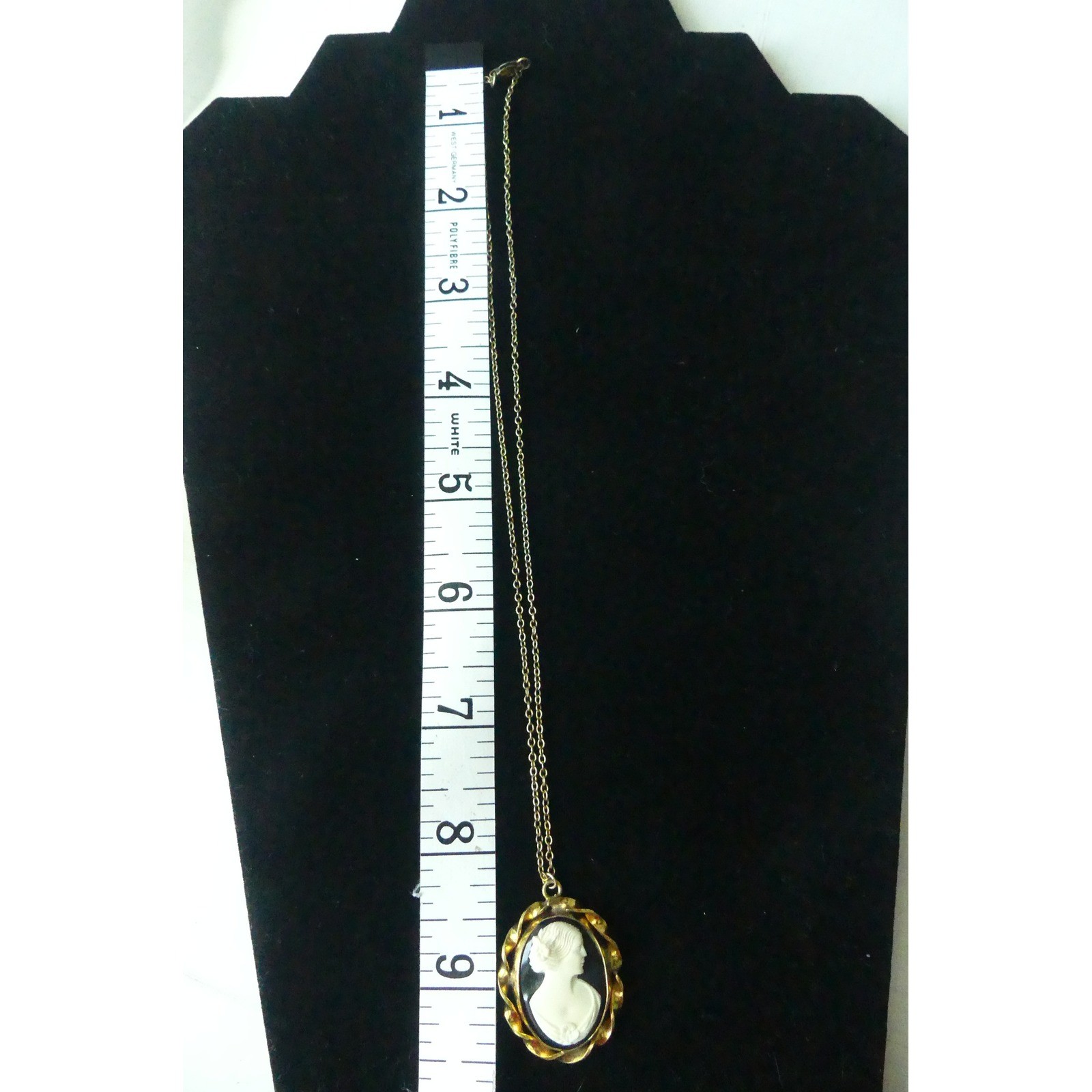 Vtg Cameo Necklace and Screw Back Earrings Set Gold Tone Black Rhinestone 3pc