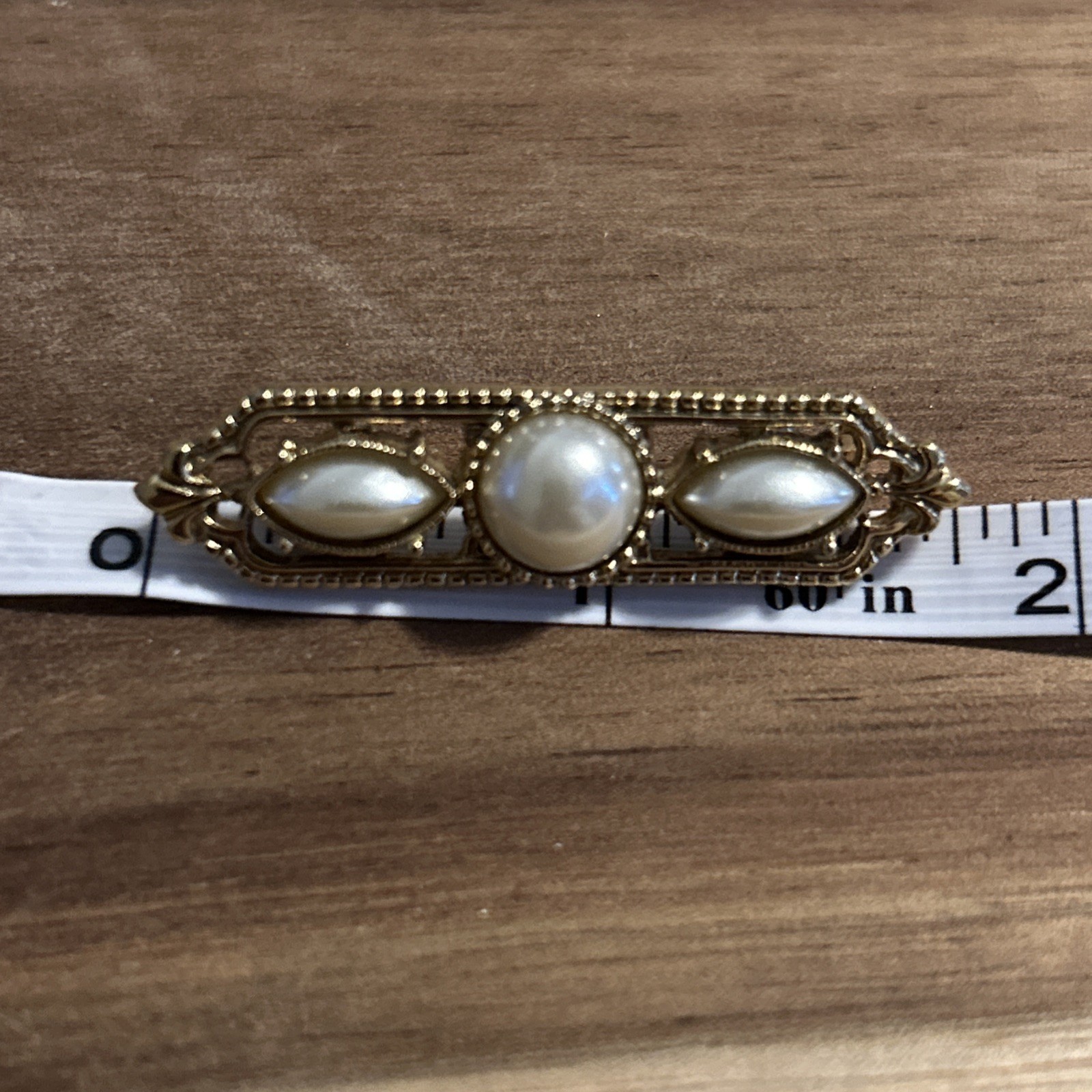 Vintage Faux Pearl and Gold Tone Pin Brooch About 1 3/4 Inches Long