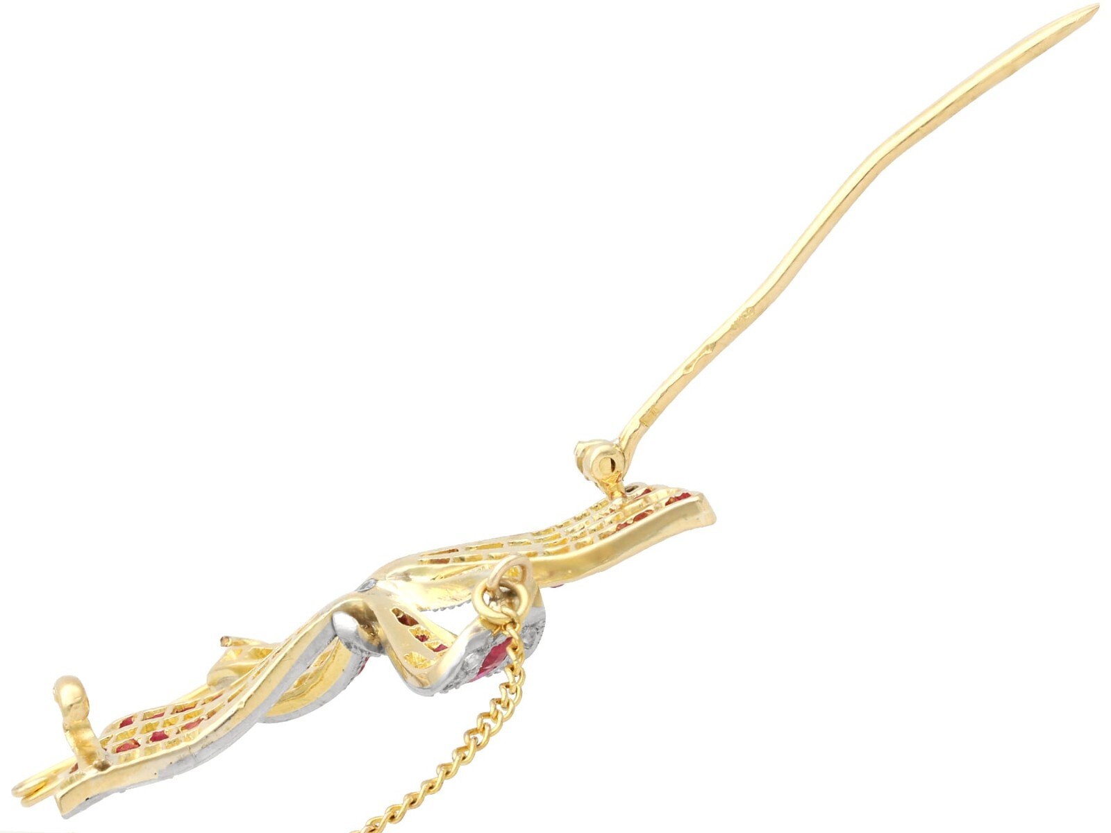 Antique 0.78Ct Ruby and 0.40Ct Diamond 18k Yellow Gold Bow Brooch Circa 1910