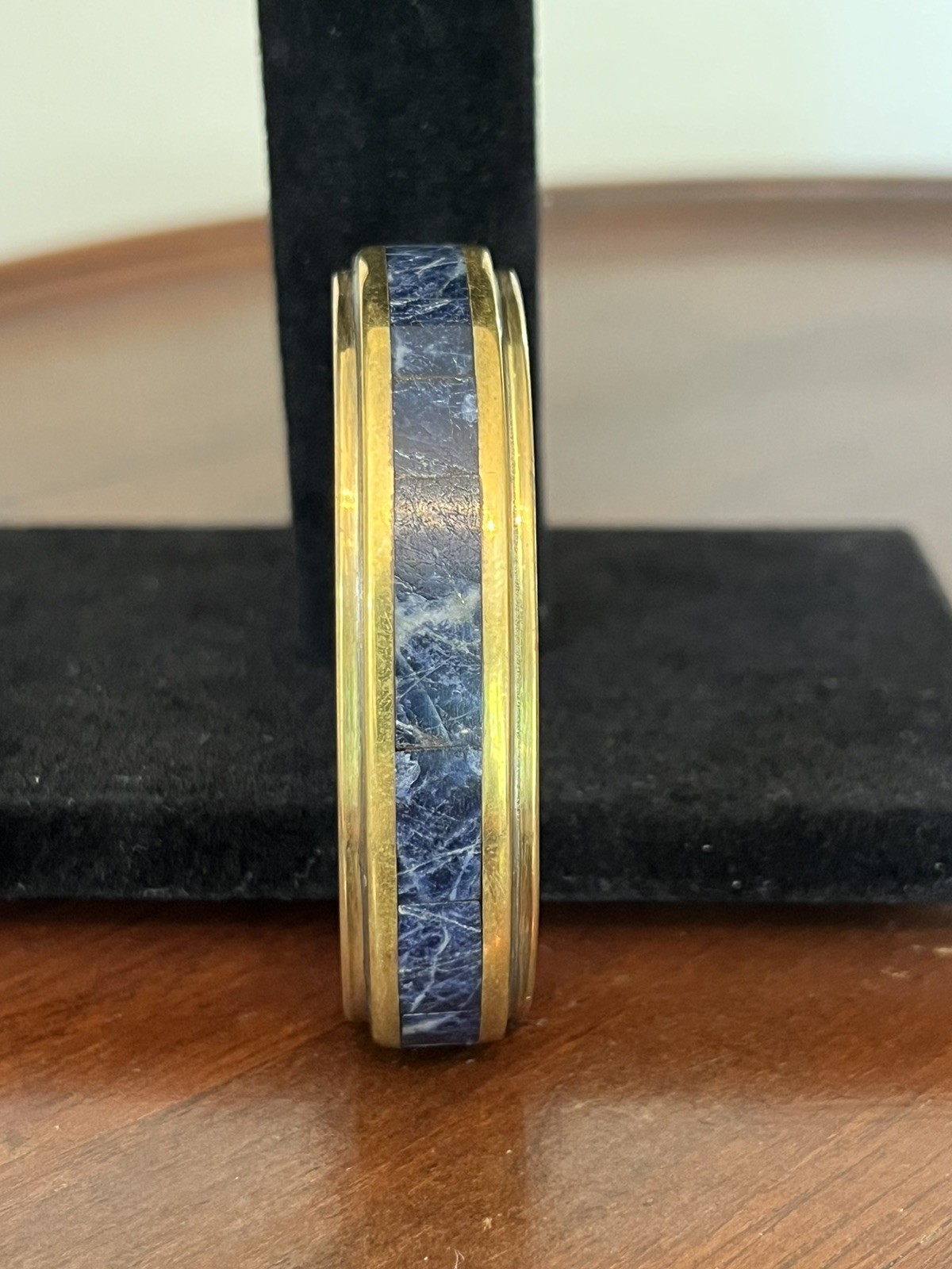 Vintage Brass Cuff Bracelet with Blue Stone Inlay MCM Small 5.5″