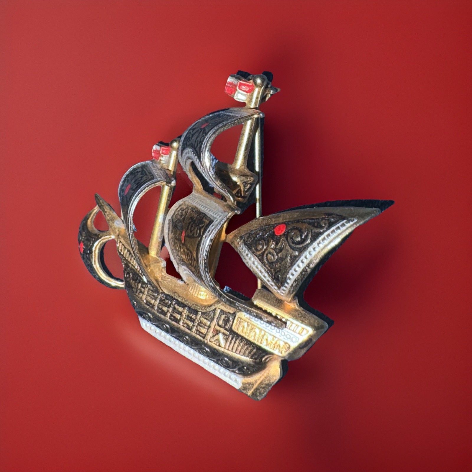 Vintage Spanish Damascene Galleon Ship Brooch Pin 1950s 1960s Toledoware Spain