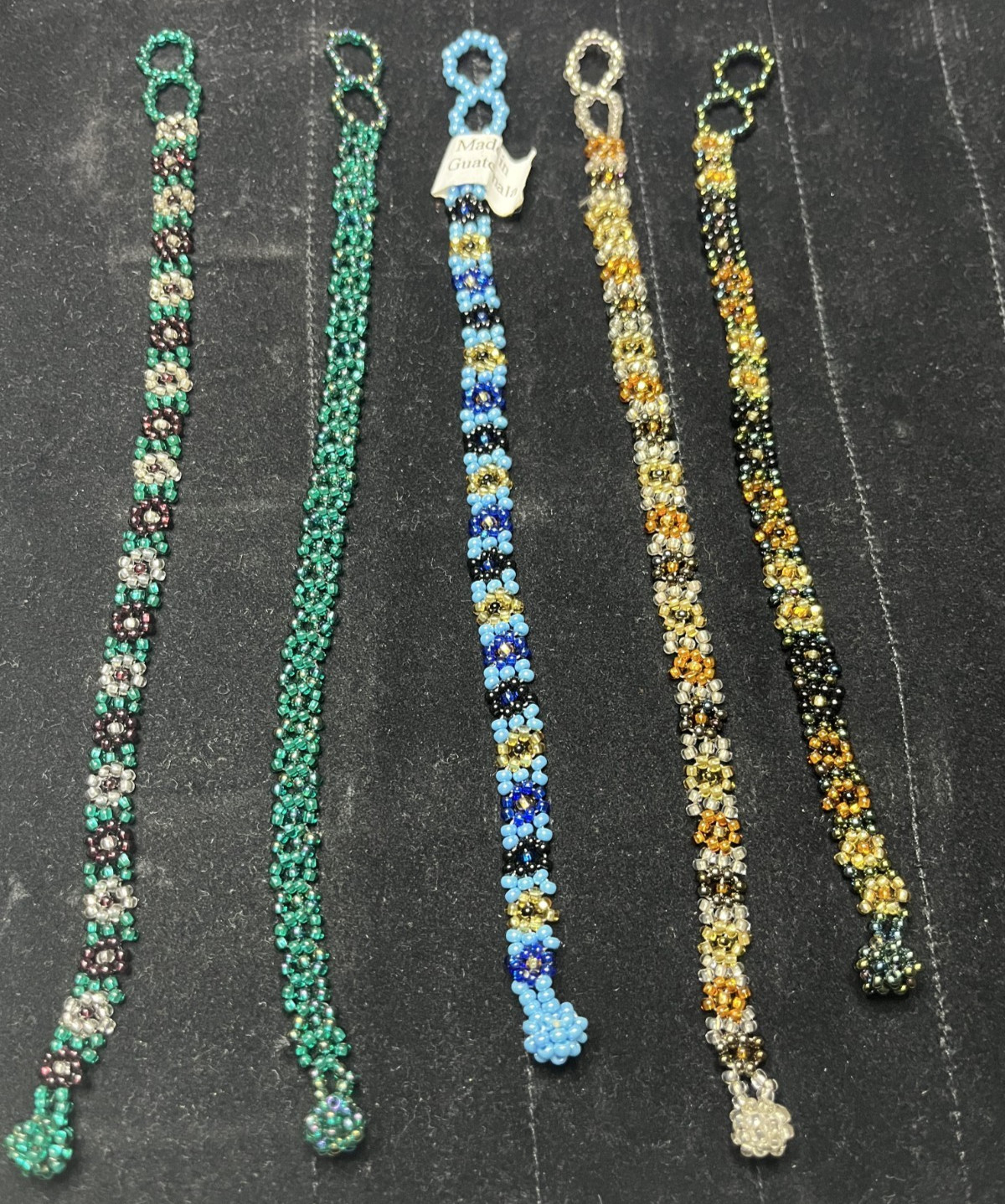 Lot of 5 Vintage Guatemalan Beaded Bracelets – Glass Flower Pattern – One w/Tag