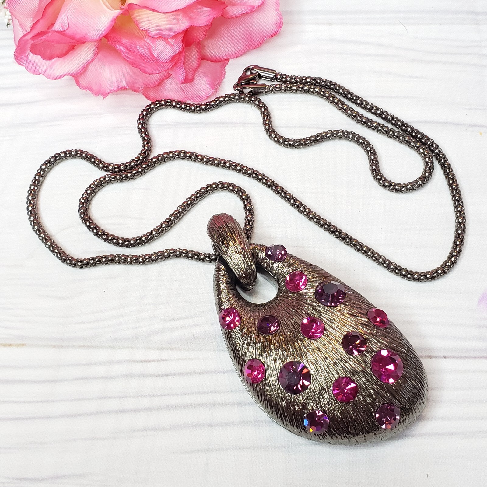 Pink Purple Rhinestone Large Pendant Necklace Gunmetal Tone Chain Statement