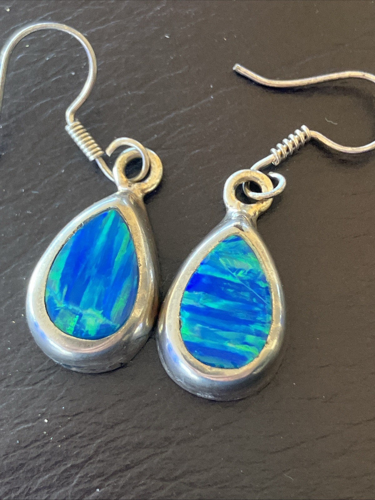 Vintage Mexico Silver Blue Opal Druzy Teardrop Oval Hook Drop Earrings Estate