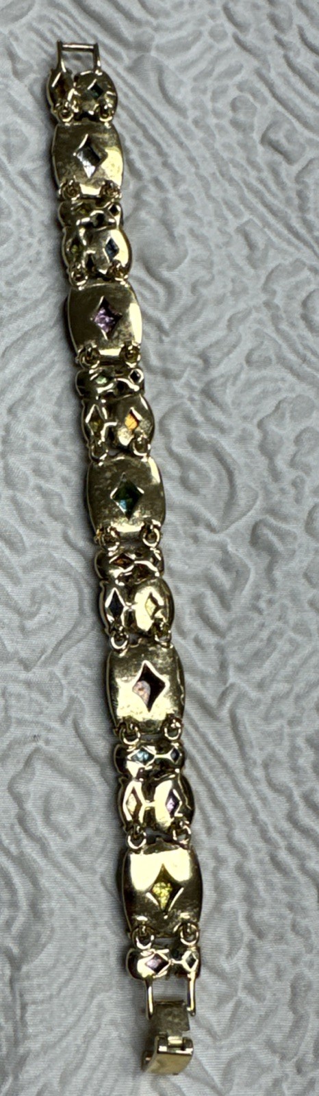 Vintage Foiled Art Glass Gold Plate Panel Link 8”Bracelet