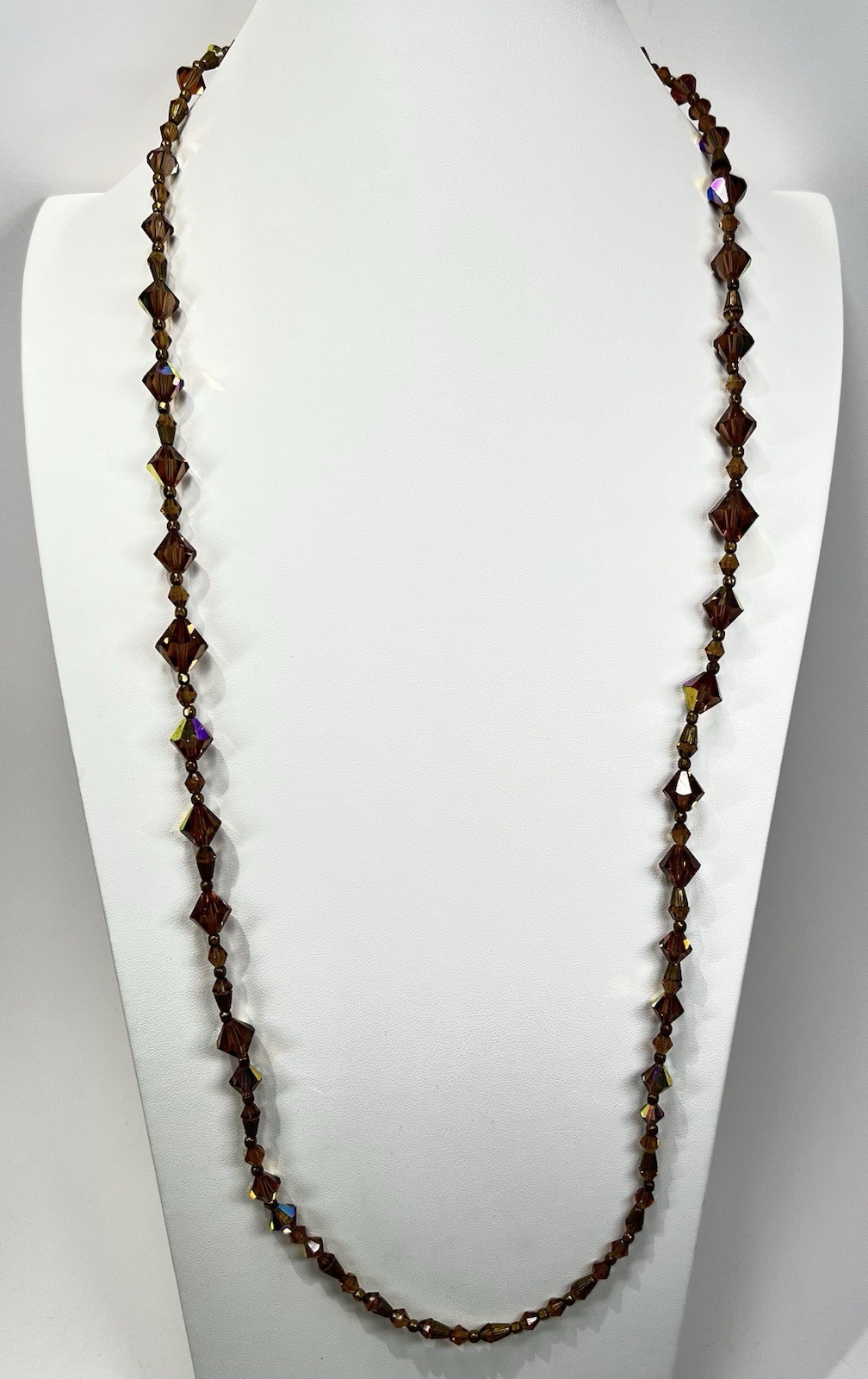 Vintage Faceted Bicone Crystal AB Bronze & Metal Spacers Long Graduated Necklace