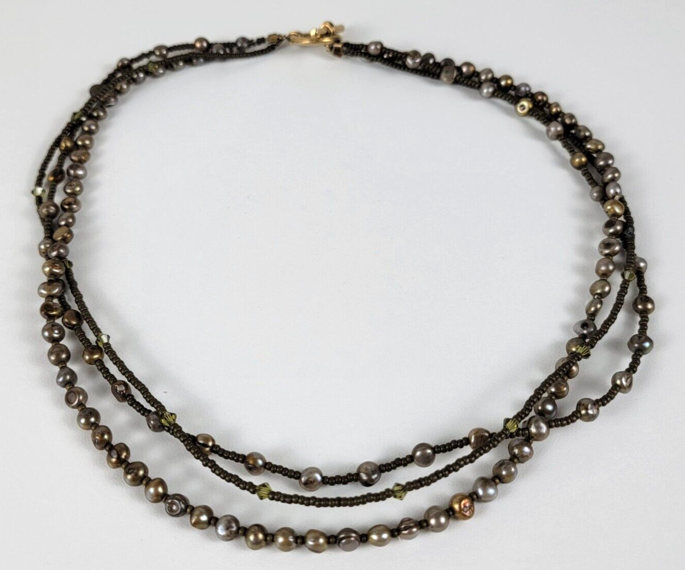 Gray Baroque Pearl And Crystal Beaded Necklace 3-Strand Toggle Clasp 21″ Vintage