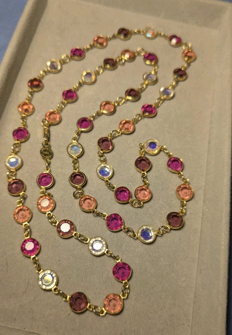Vtg Swarovski Austrian Crystal USA Bezel Set Pink Fushia Amethyst 34″ Necklace