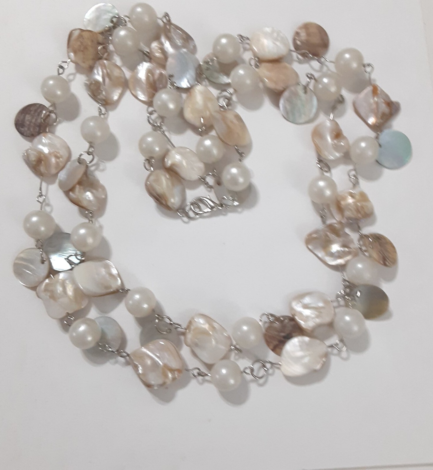 Vintage Mother of Pearl Abalone Shell Faux Pearl Bead Necklace 48 in