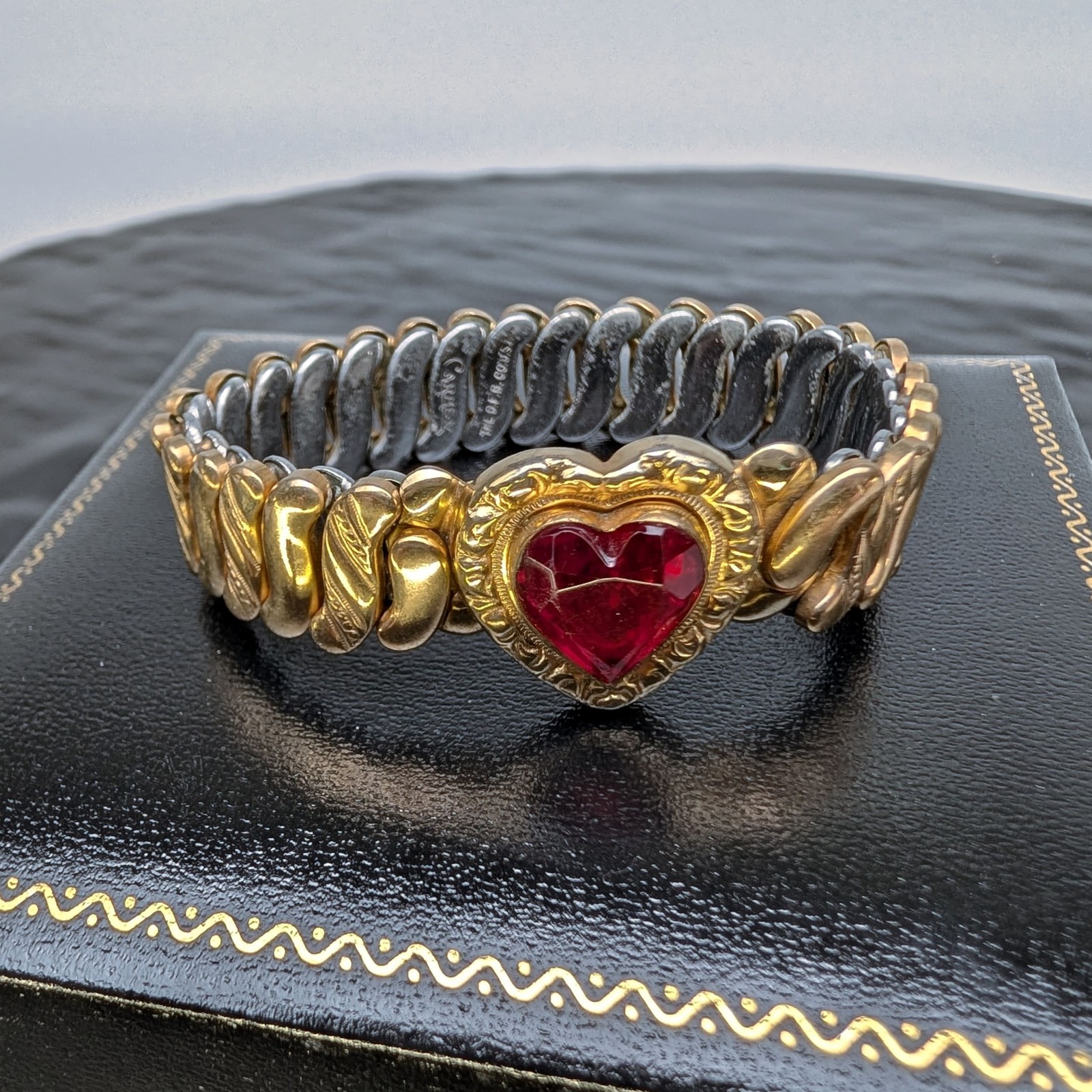 Carmen D.F.B. Sweetheart Ruby Red Heart Gold Filled Expansion Bracelet Vintage