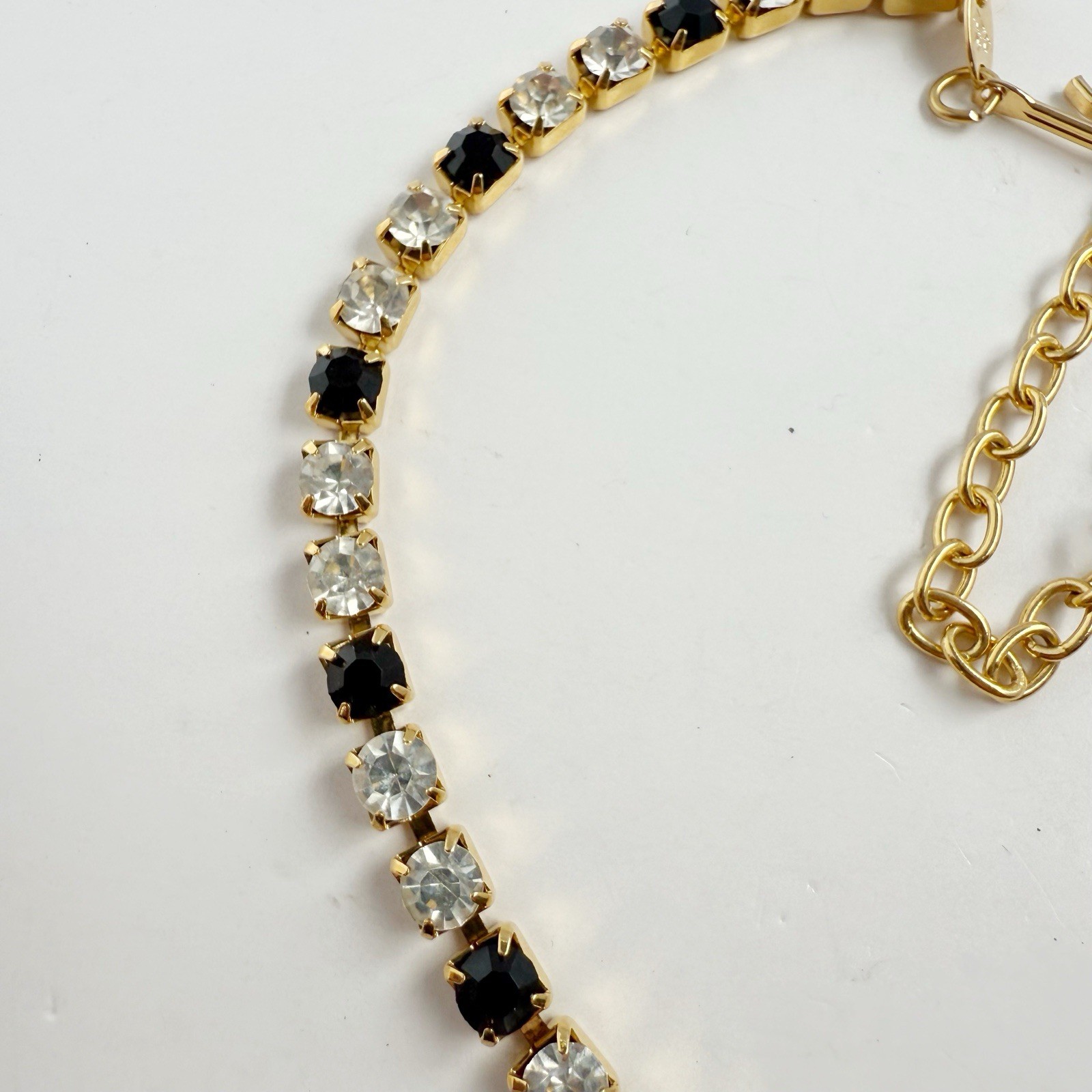 Vintage Trifari Black & Clear Rhinestone Tennis Choker Necklace Goldtone