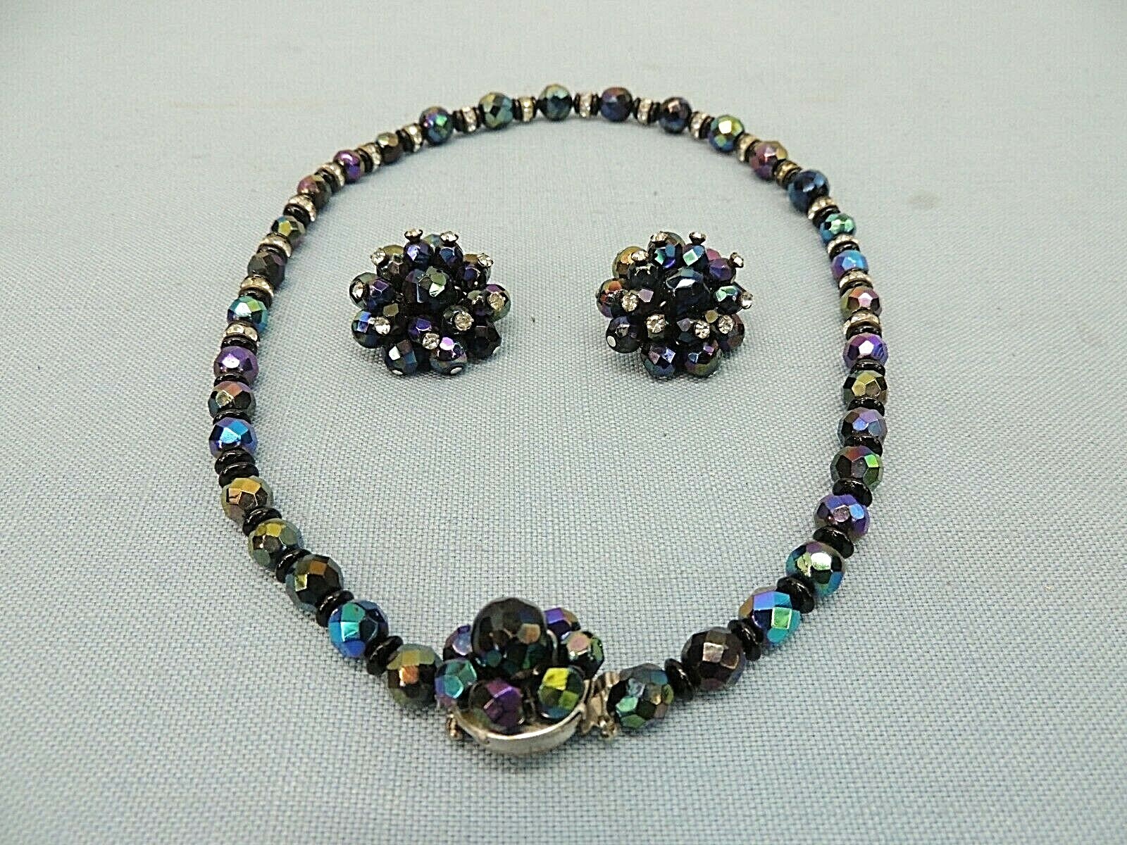 VINTAGE NECKLACE AND CLIP-BACK EARRINGS, BLUE AND PURPLE BEADS