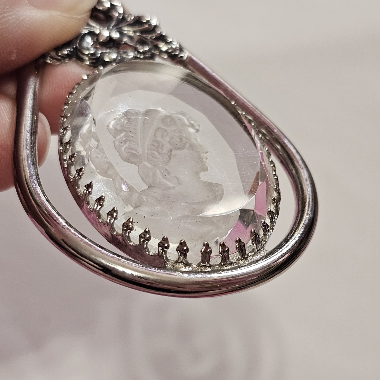 Intaglio Glass Cameo Portrait Vintage Jewelry Silver-tone Pendant Only