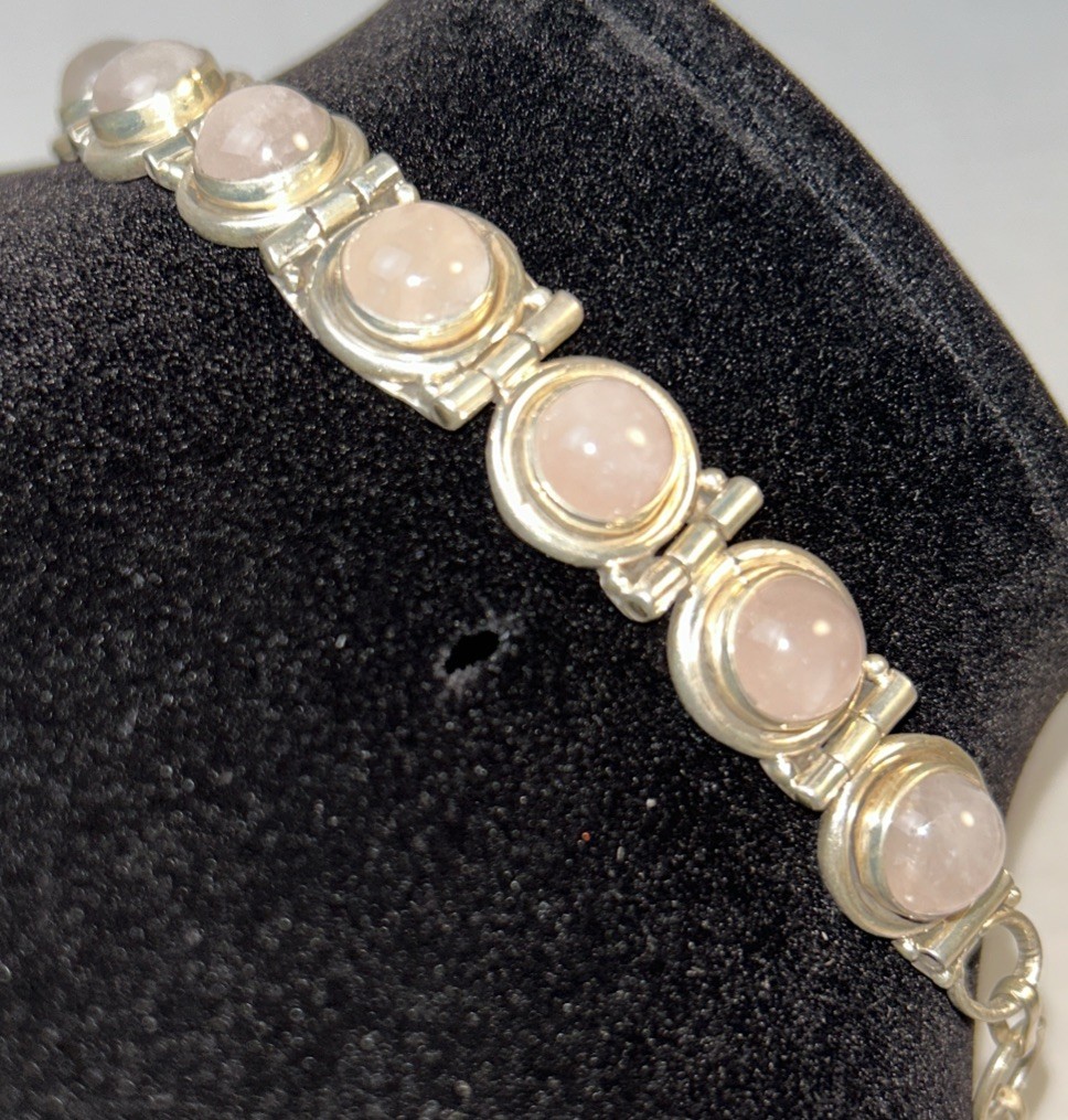 Vintage 925 Silver Rose Quartz Bracelet Cabochon Stone Hook Closure 7”