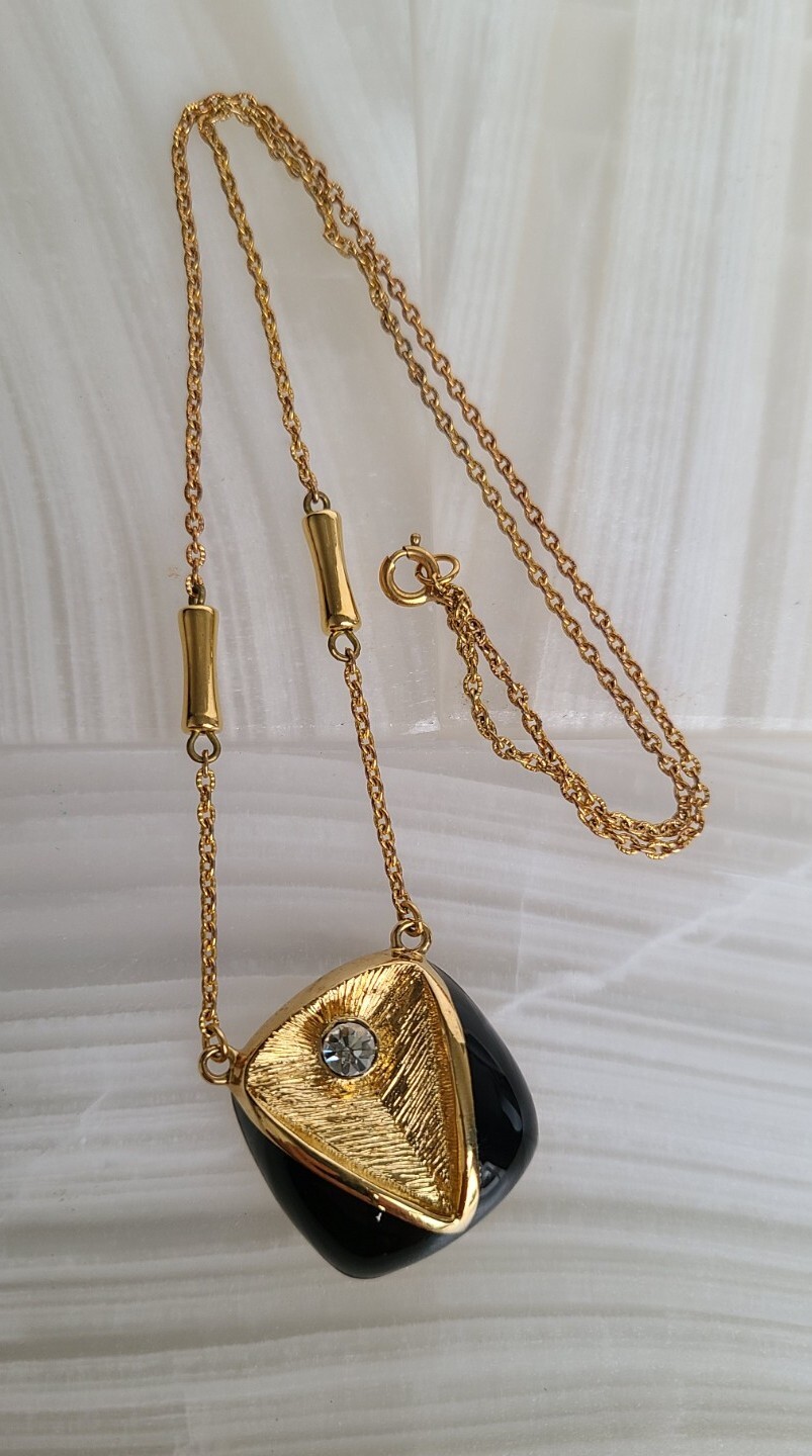 Vintage Orena Paris Gold Plated, Black Enamel Rhinestone Pendant Necklace