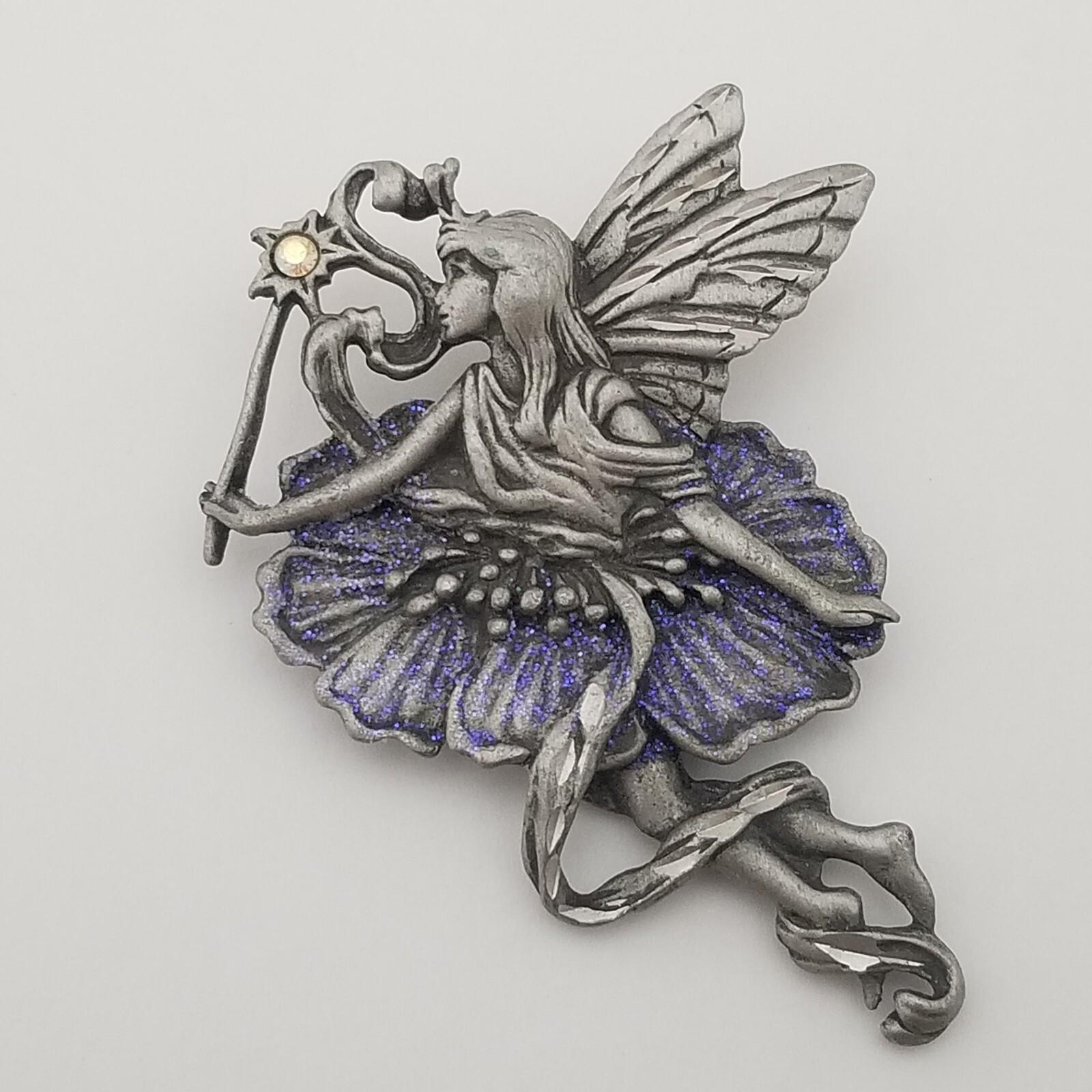 JJ Jonette Jewelry Pewter Fairy Purple Glitter Brooch Pin Fairytale Fantasy